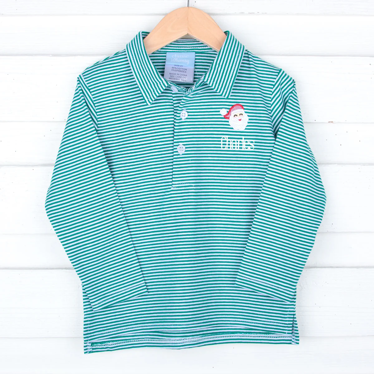 Happy Santa Green Stripe Long Sleeve Polo