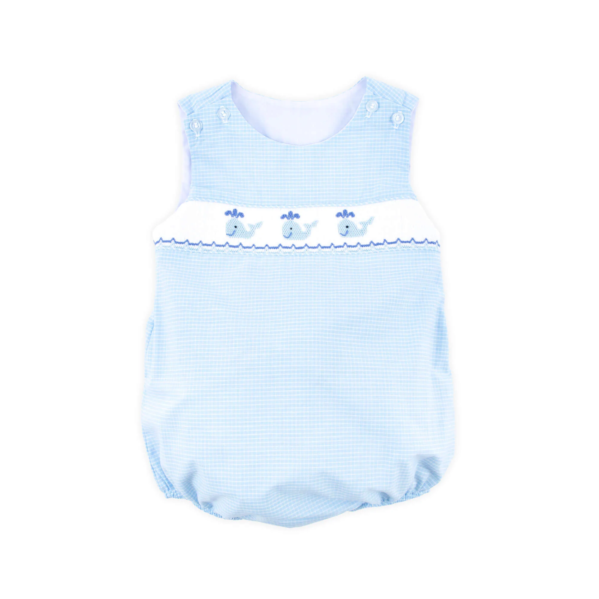 Happy Whale Blue Windowpane Smocked Sun Bubble