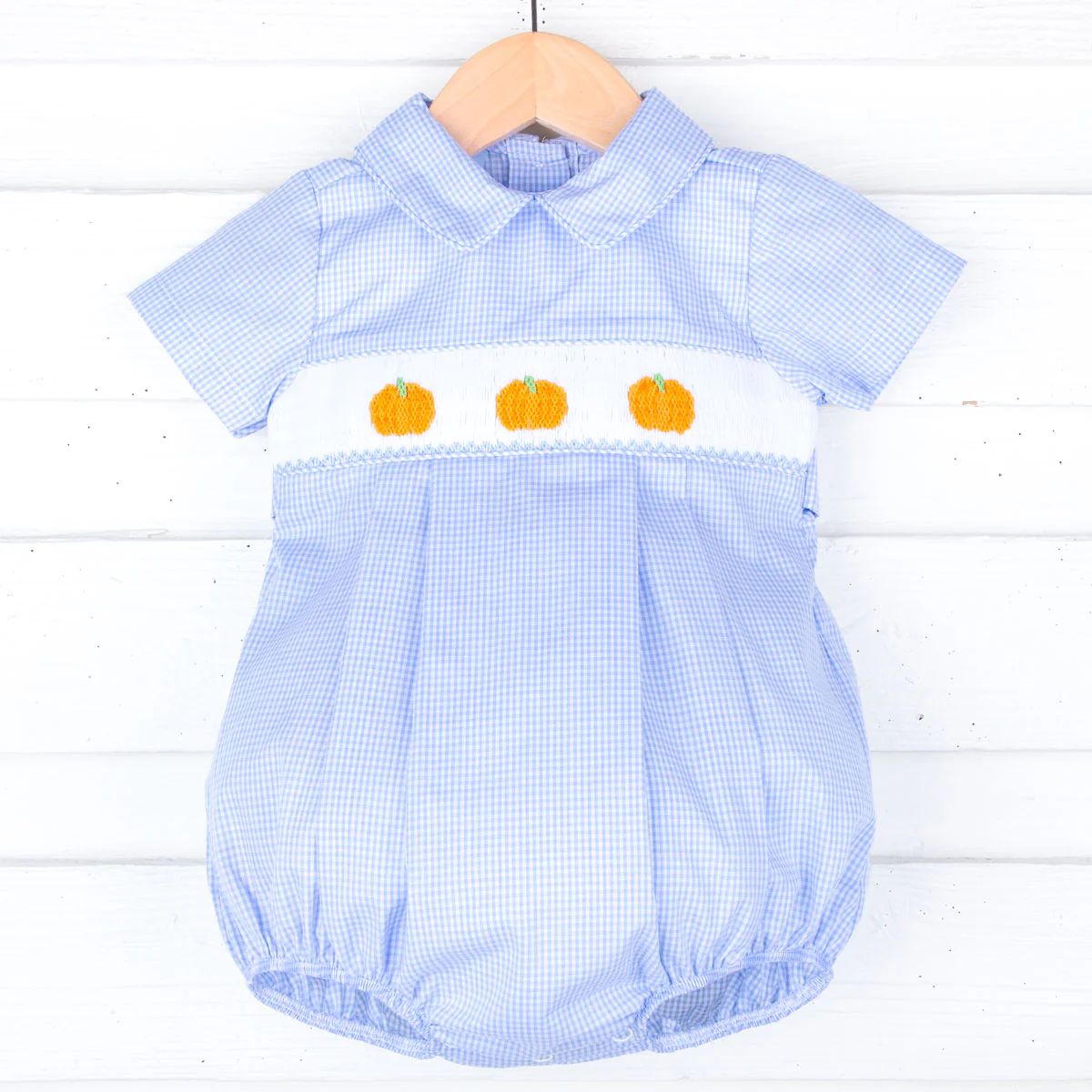 Harvest Pumpkin Smocked Light Blue Gingham Collared Bubble - Image 6