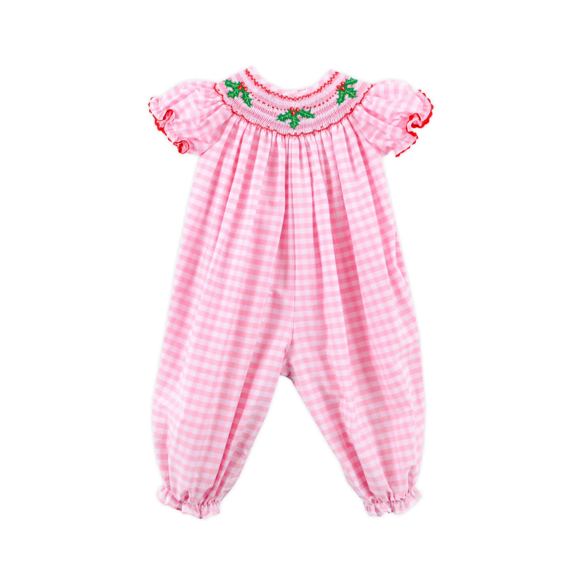 Holly Jolly Smocked Pink Gingham Long Bubble