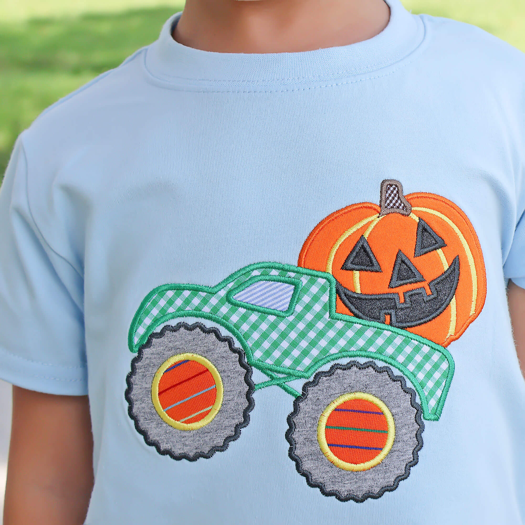 Jack O' Lantern Truck Light Blue Short Sleeve Shirt - Image 3