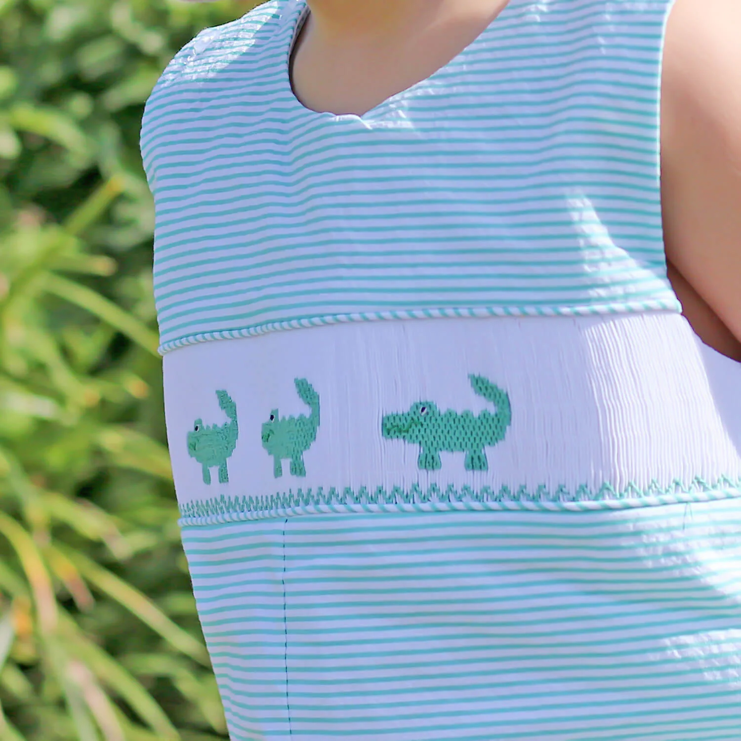 Green Seersucker Alligator Smocked Boy Jon Jon