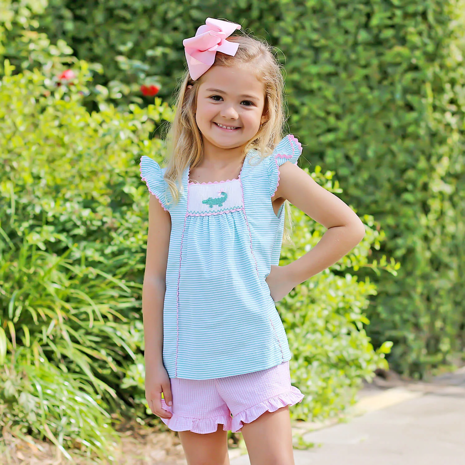 Green Seersucker Alligator Smocked Short Set