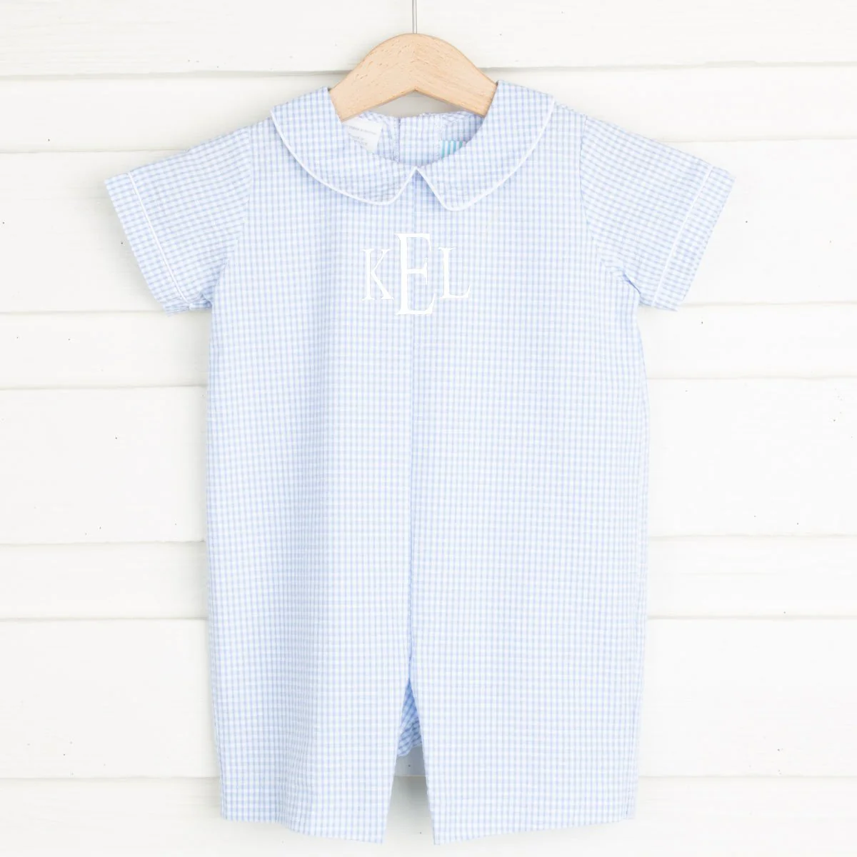 Light Blue Gingham Seersucker Collared Boy Romper