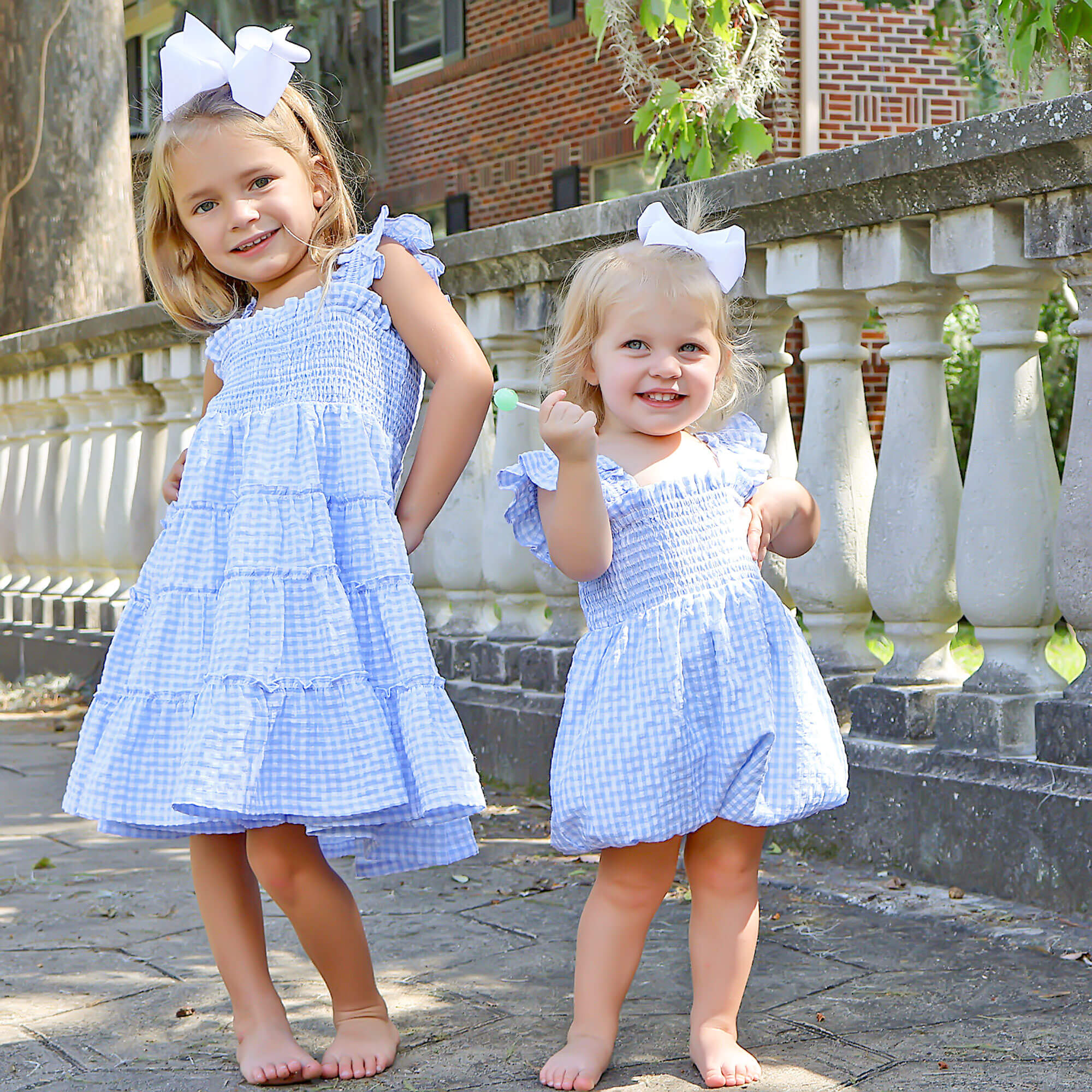 Light Blue Gingham Smocked Hannah Bubble - Image 3