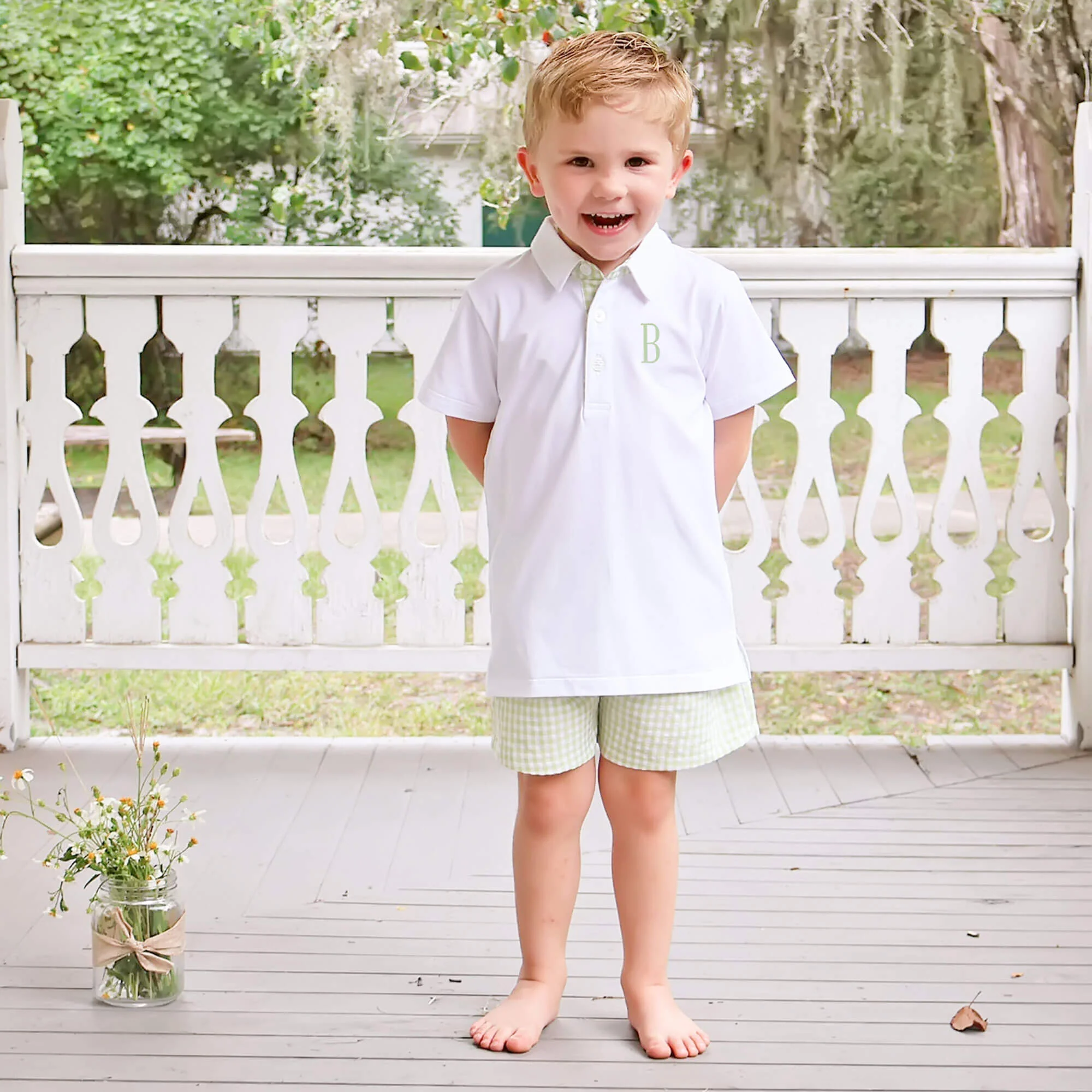 Light Green Gingham Polo Short Set