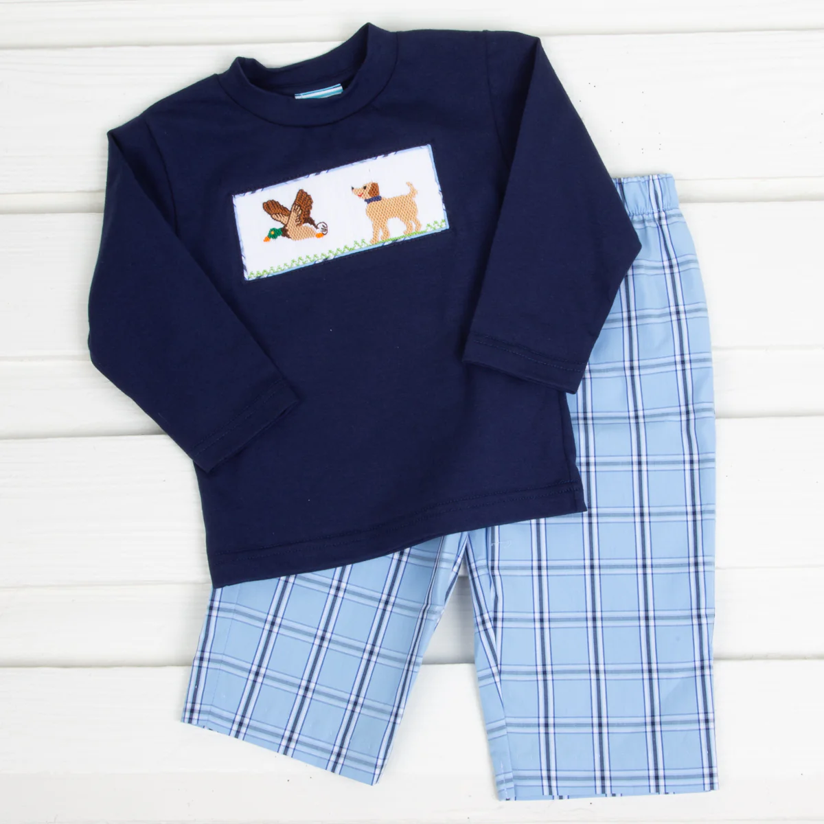 Mallard & Puppy Smocked Pant Set Light Blue Plaid