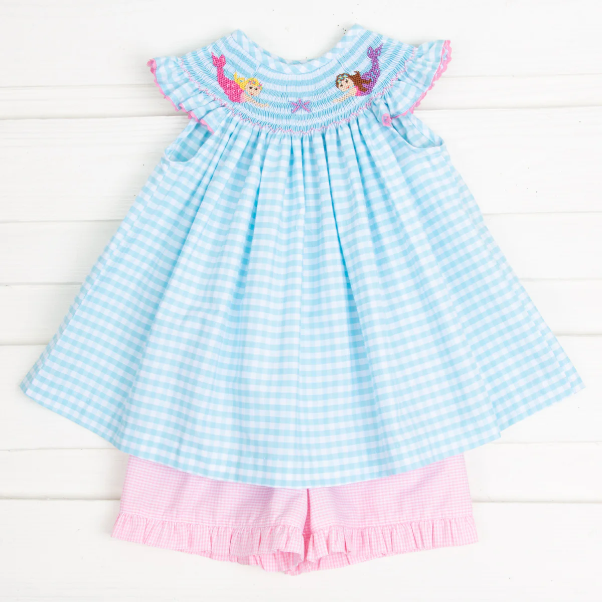 Mermaid Smocked Short Set Aqua Check
