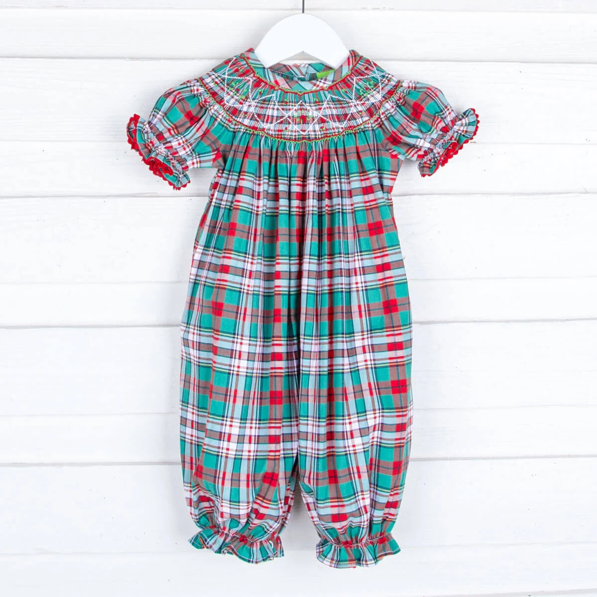 Merry & Bright Plaid Smocked Long Bubble
