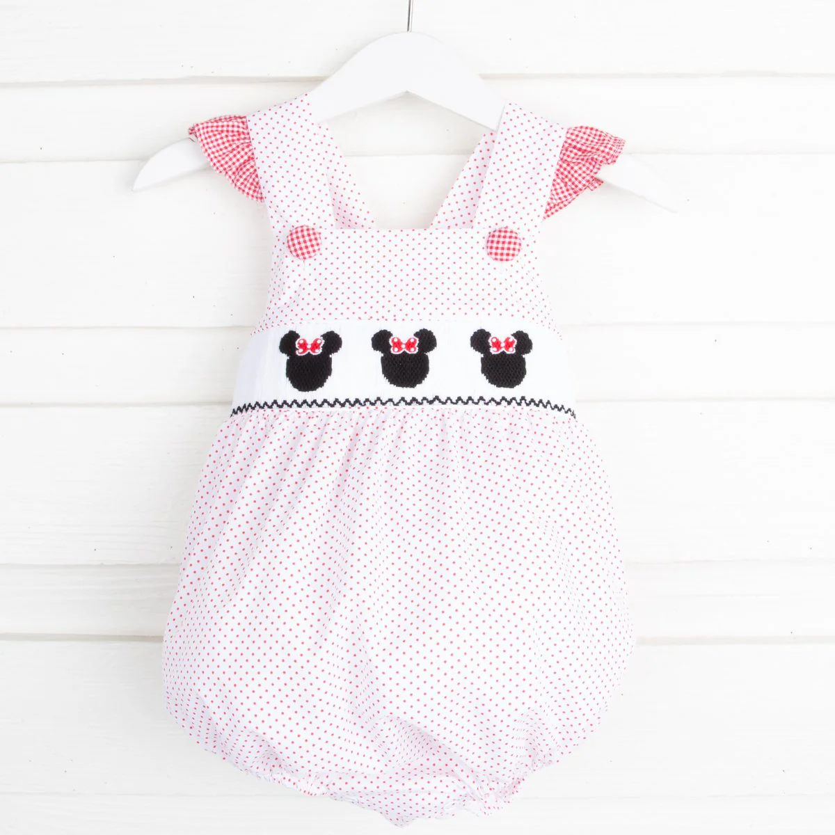 Mouse Ears Smocked Ruffle Bubble Red Dot