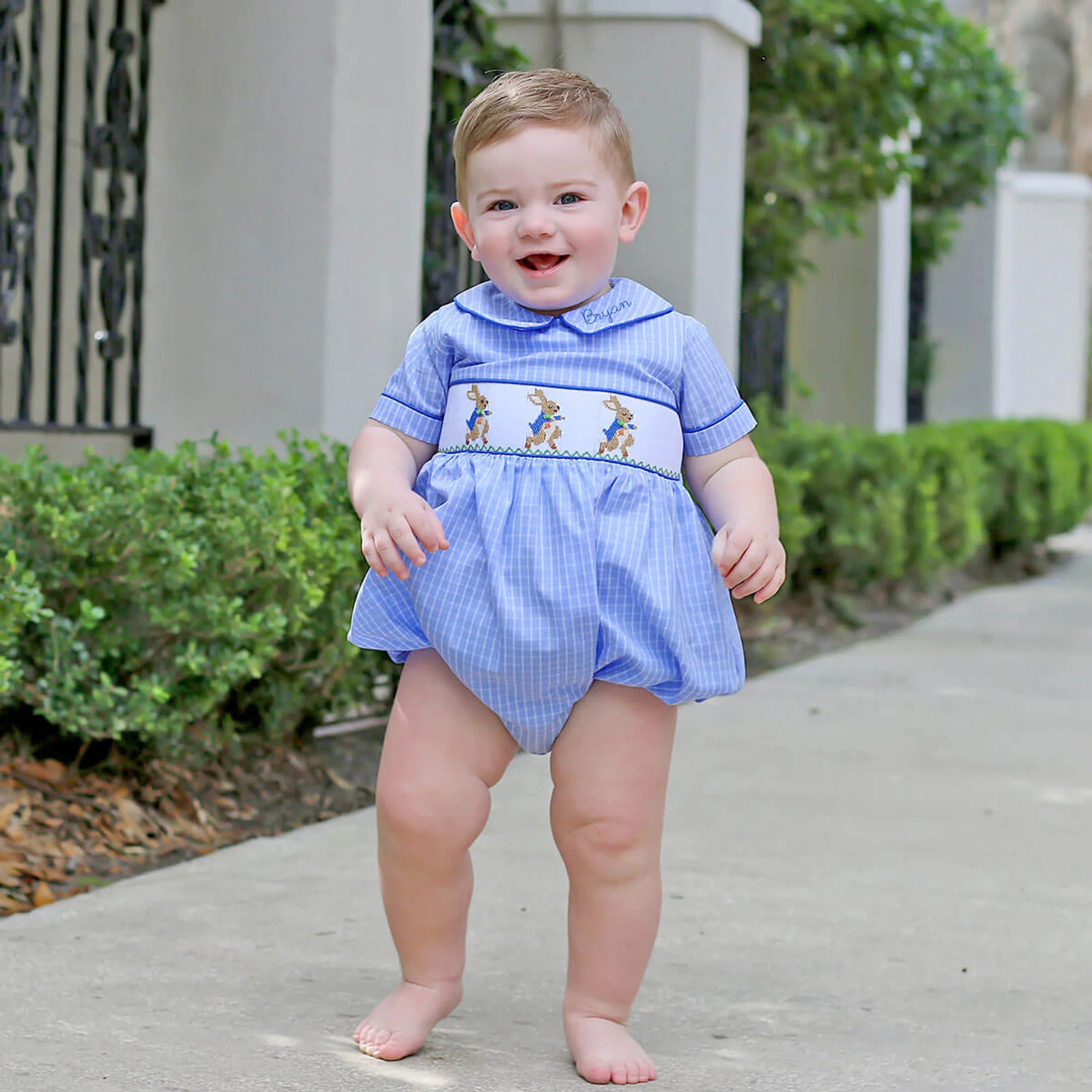Storybook Smocked Blue Windowpane Boy Bubble