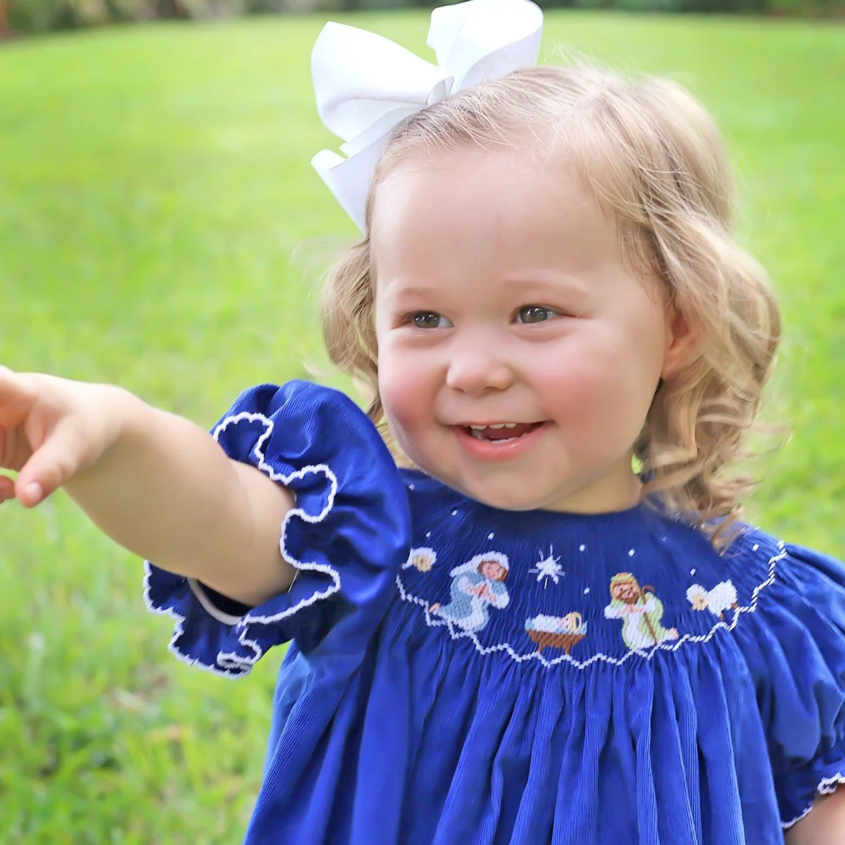 Nativity Smocked Royal Blue Corduroy Dress - Image 5