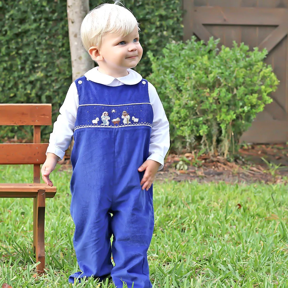 Nativity Smocked Longall Royal Blue Corduroy