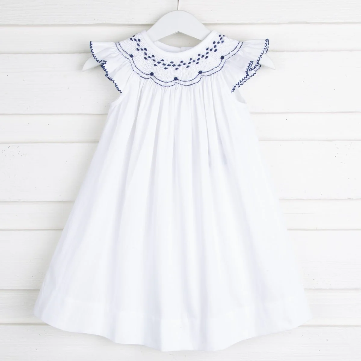 Navy and White Geometric Smocked Dress White Pique