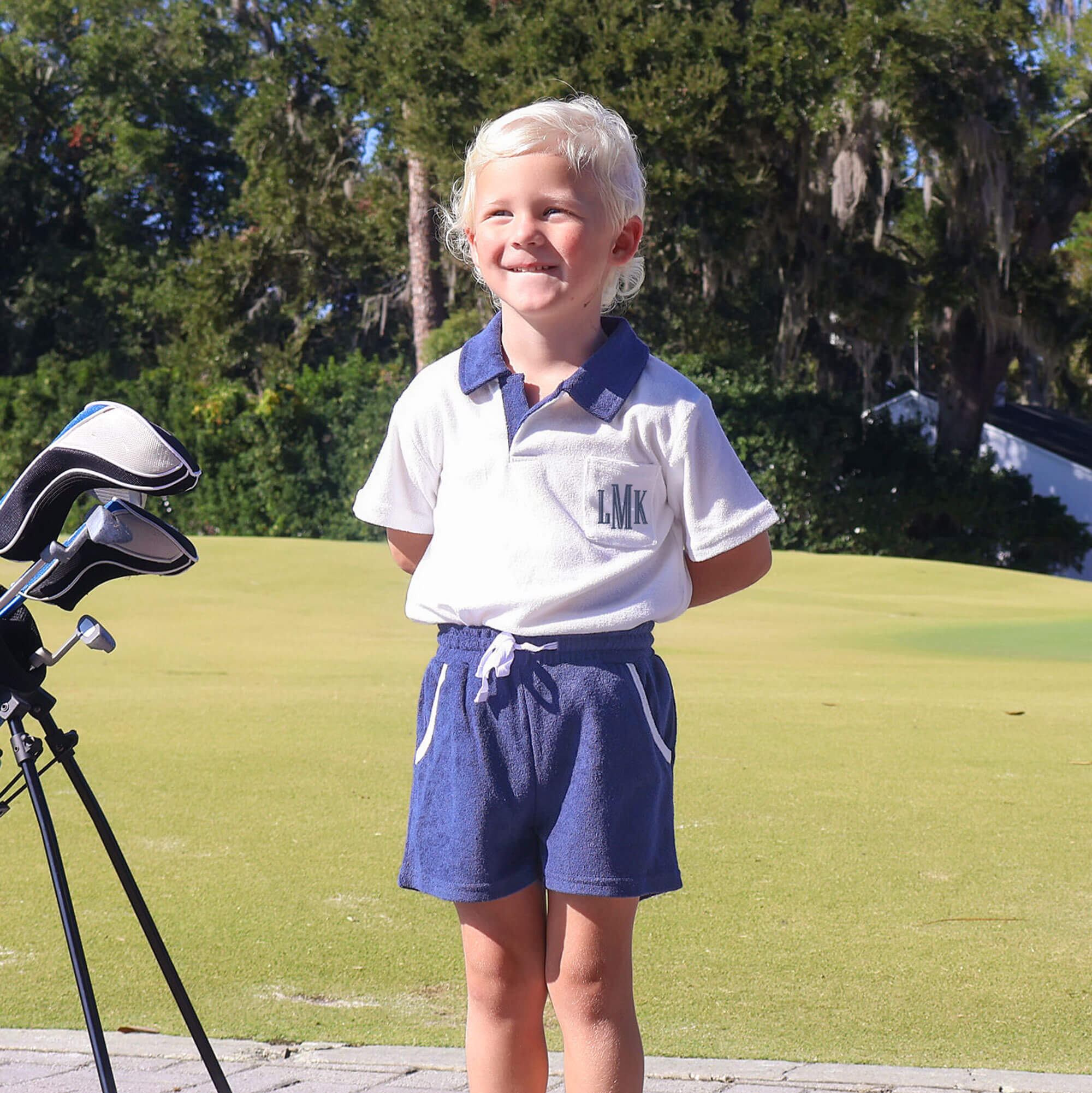 Navy & White Terry Polo Short Set