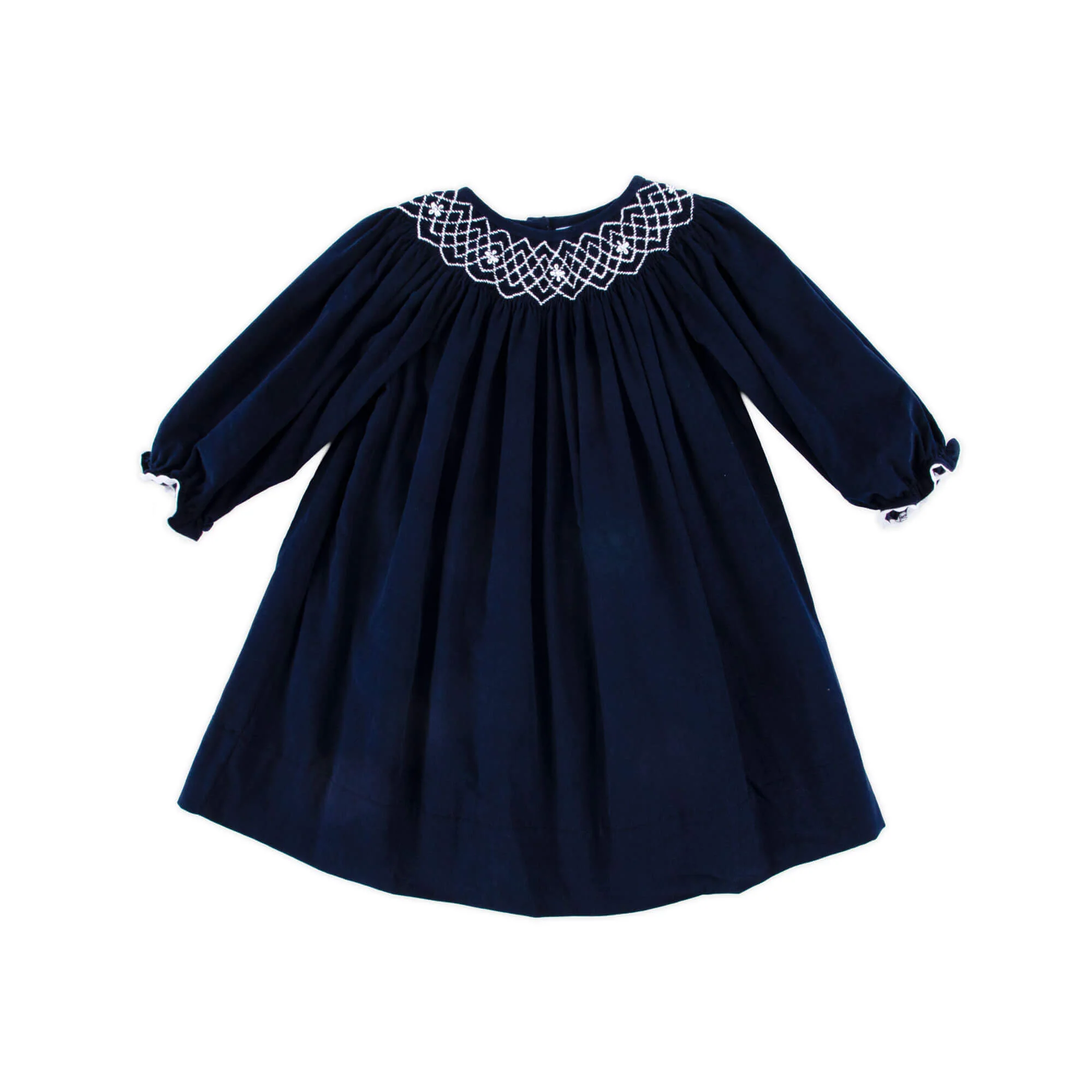 Navy Corduroy Smocked Long Sleeve Bishop Dress