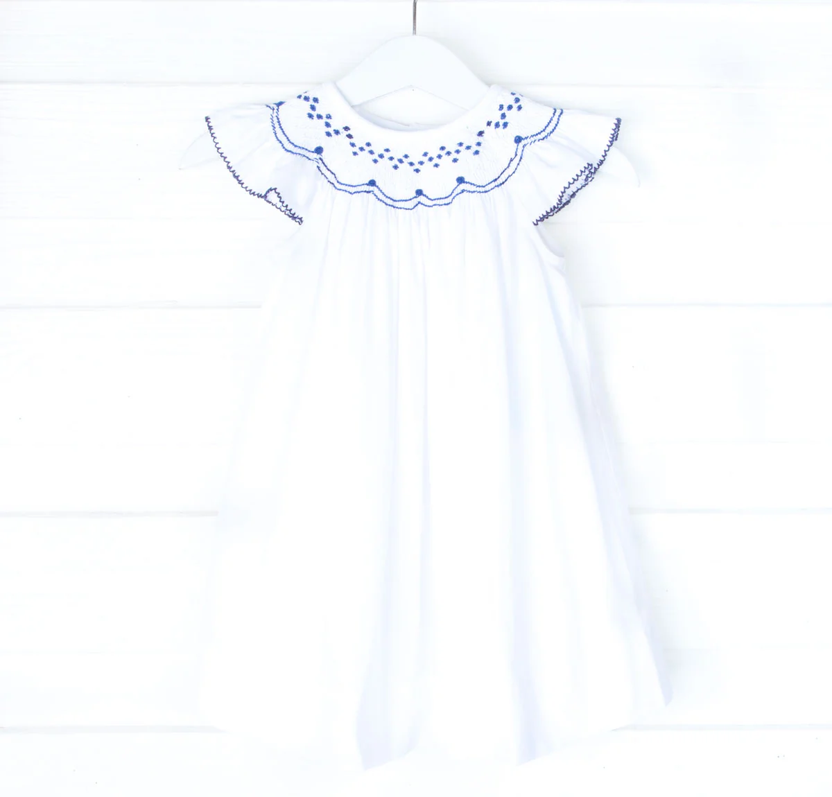 Navy Geometric Smocked White Dress