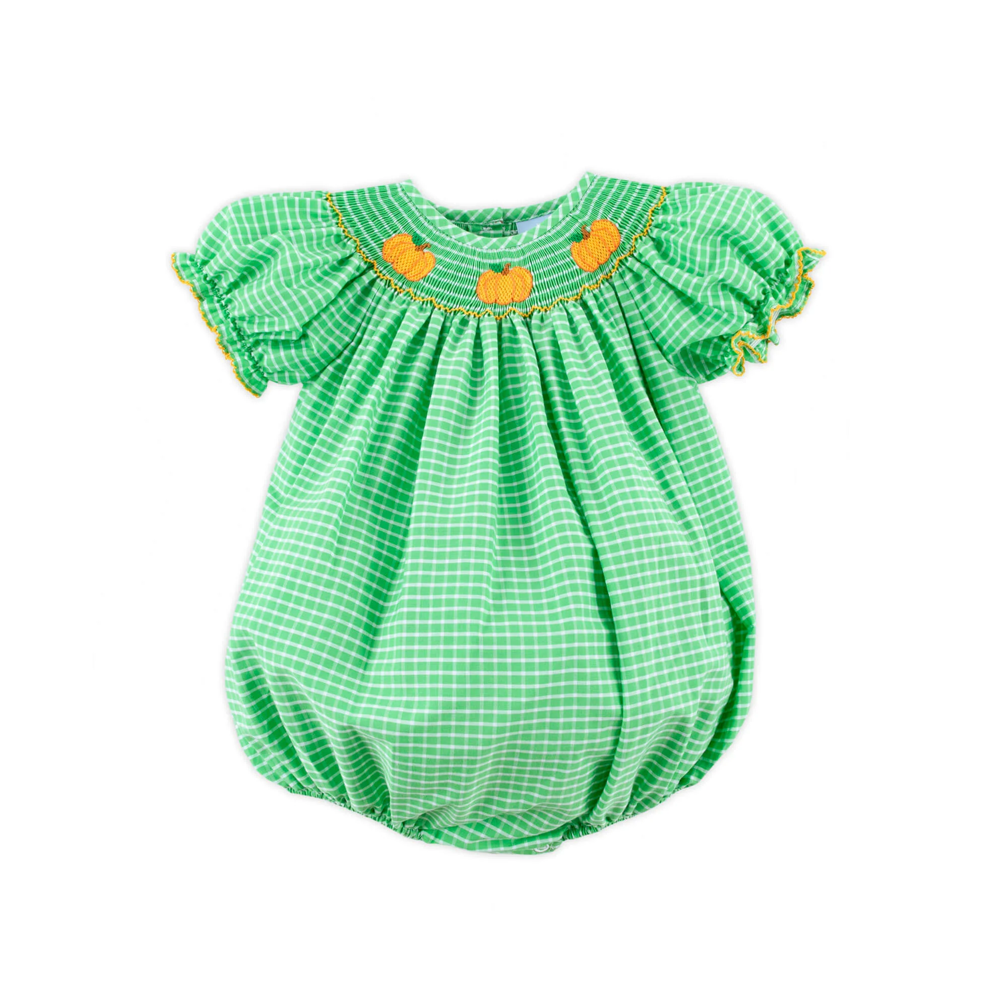 Paradise Pumpkin Smocked Green Windowpane Bubble - Image 2