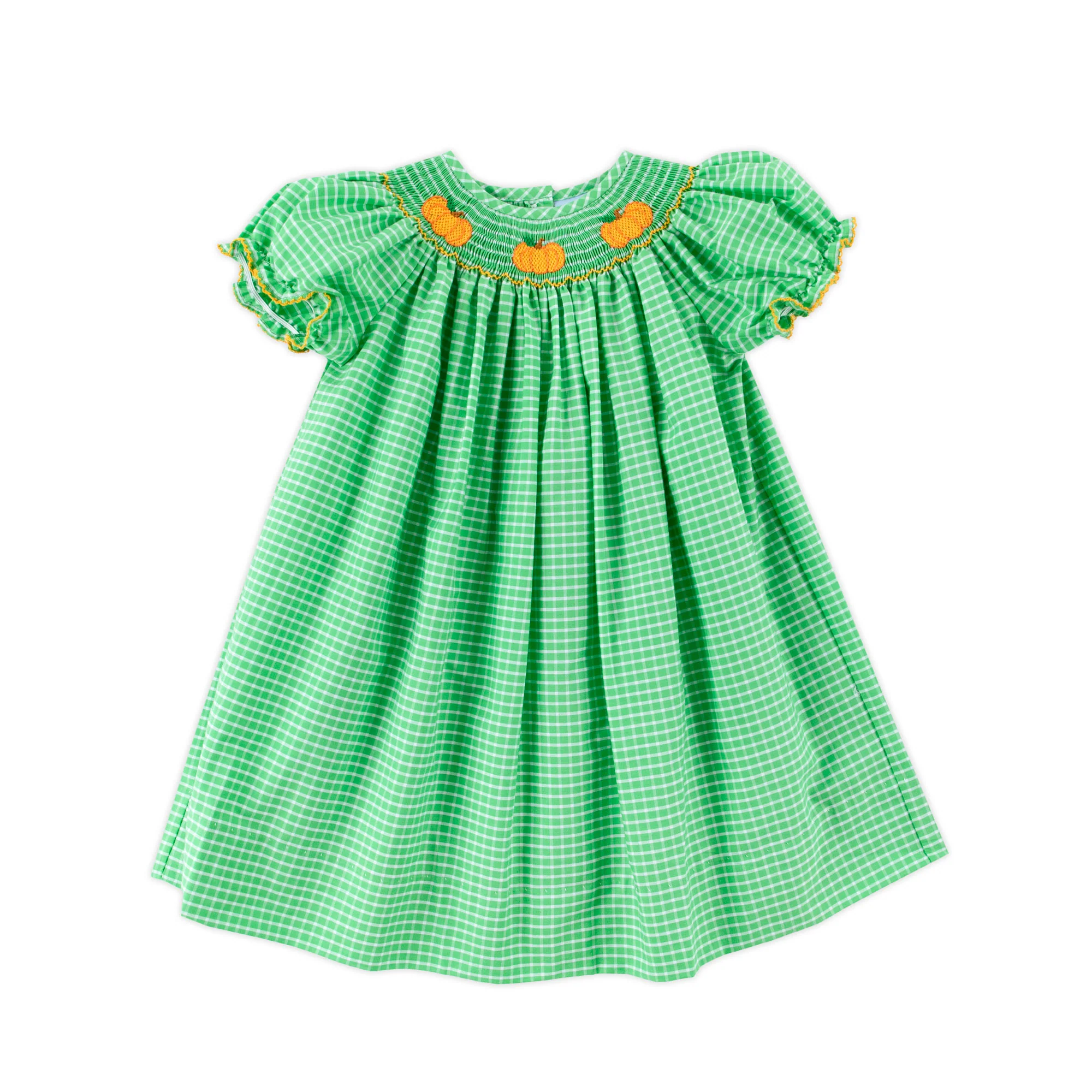 Paradise Pumpkin Smocked Green Windowpane Bishop Dress - Image 2
