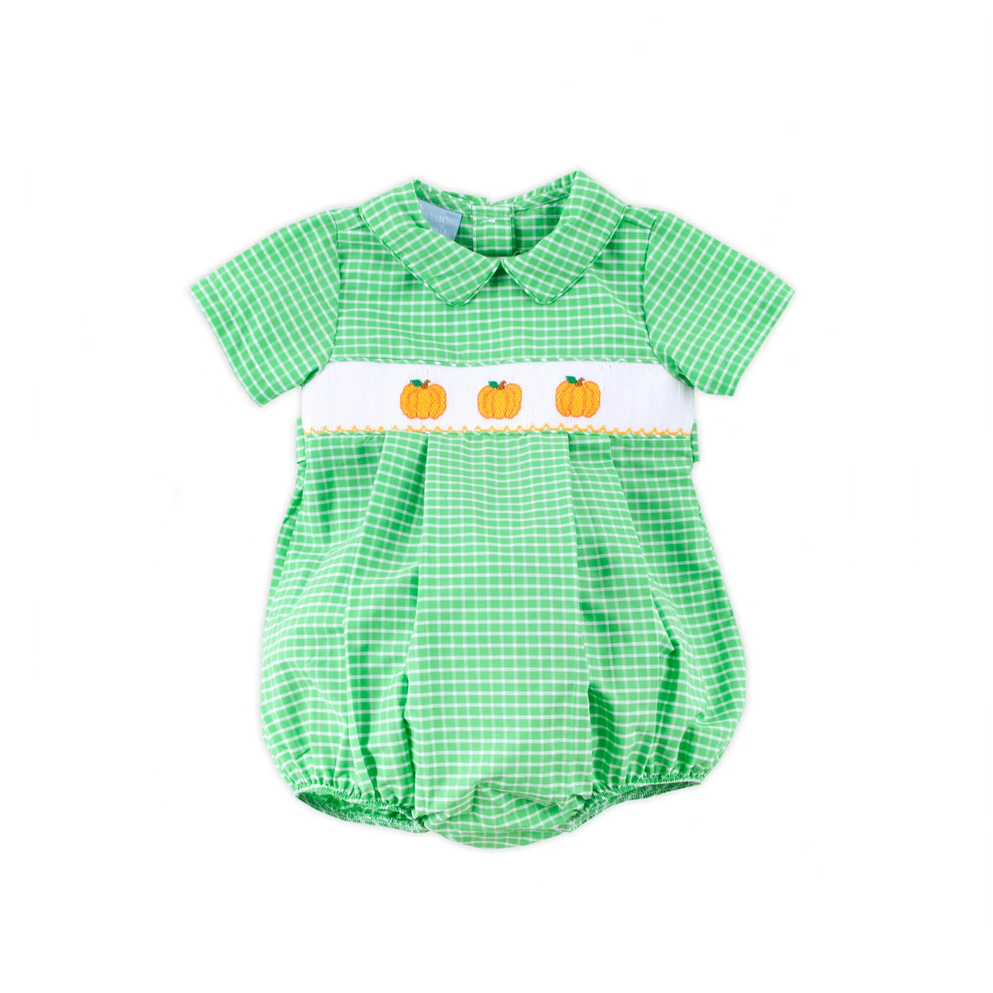 Paradise Pumpkin Smocked Green Windowpane Collared Bubble - Image 2