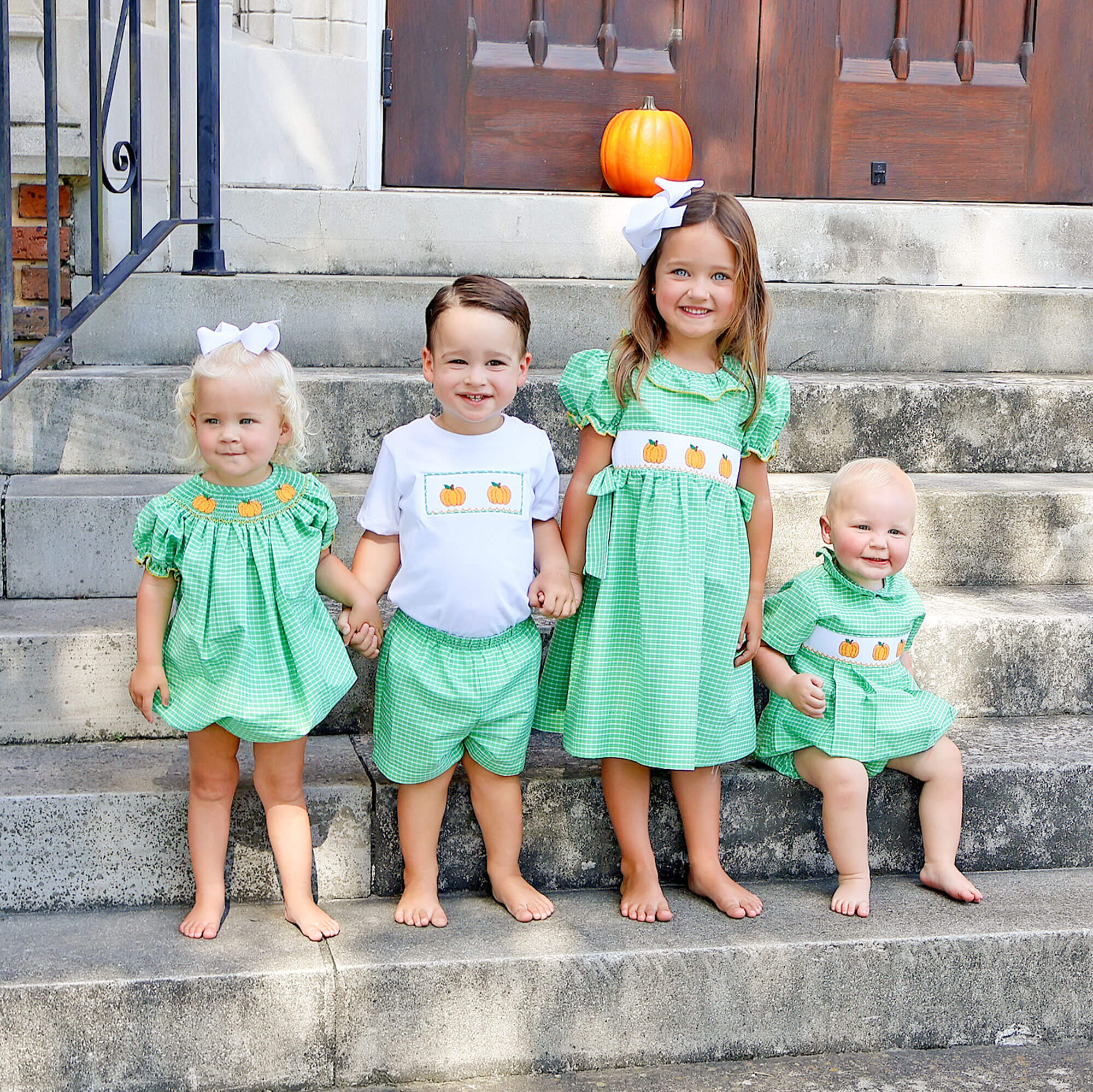 Paradise Pumpkin Smocked Green Windowpane Collared Bubble - Image 3