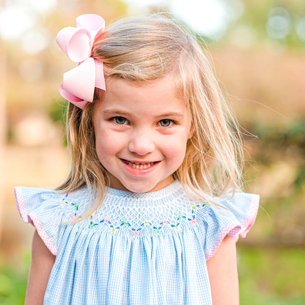 Peach Floral Smocked Dress Light Blue Gingham
