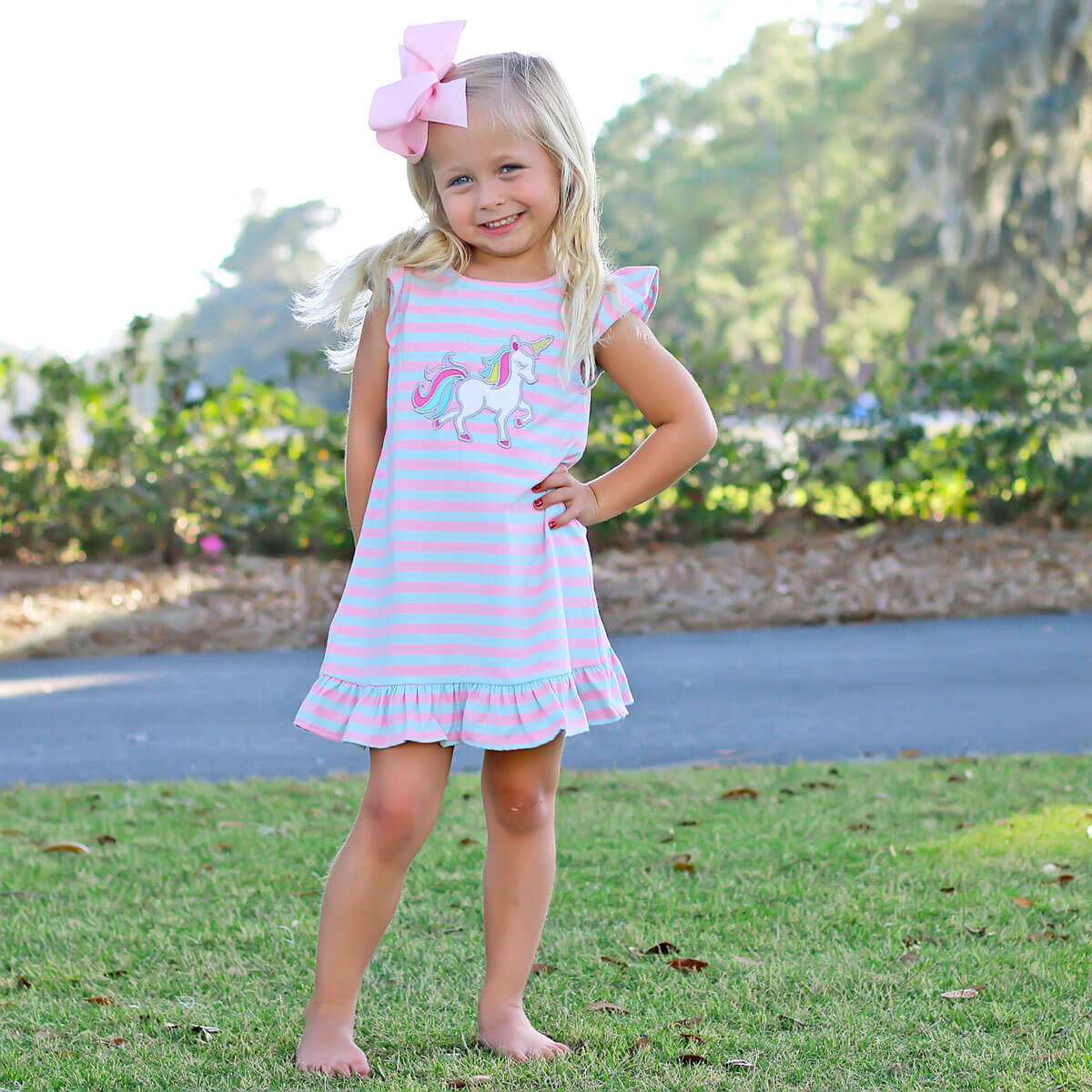 Pink and Blue Stripe Unicorn Milly Dress