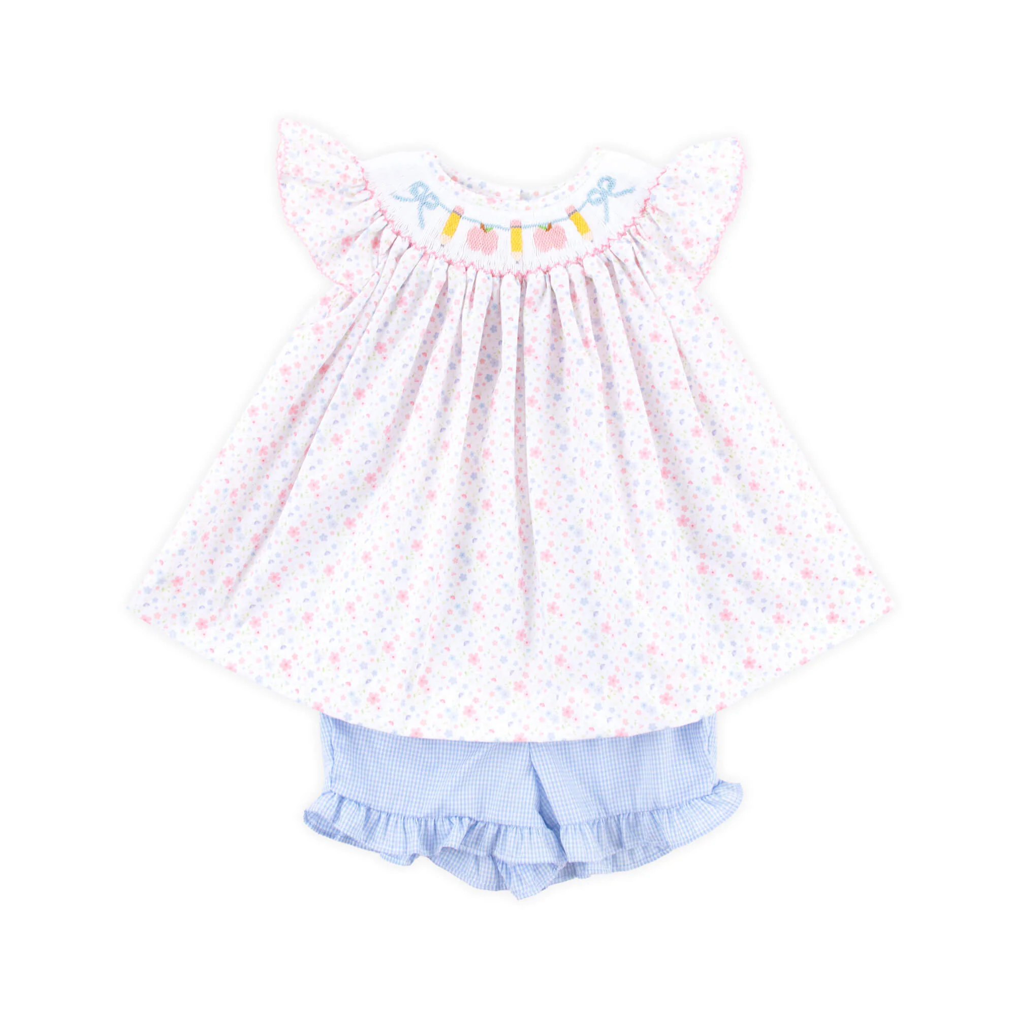 Pink Apple & Pencil Floral Smocked Short Set
