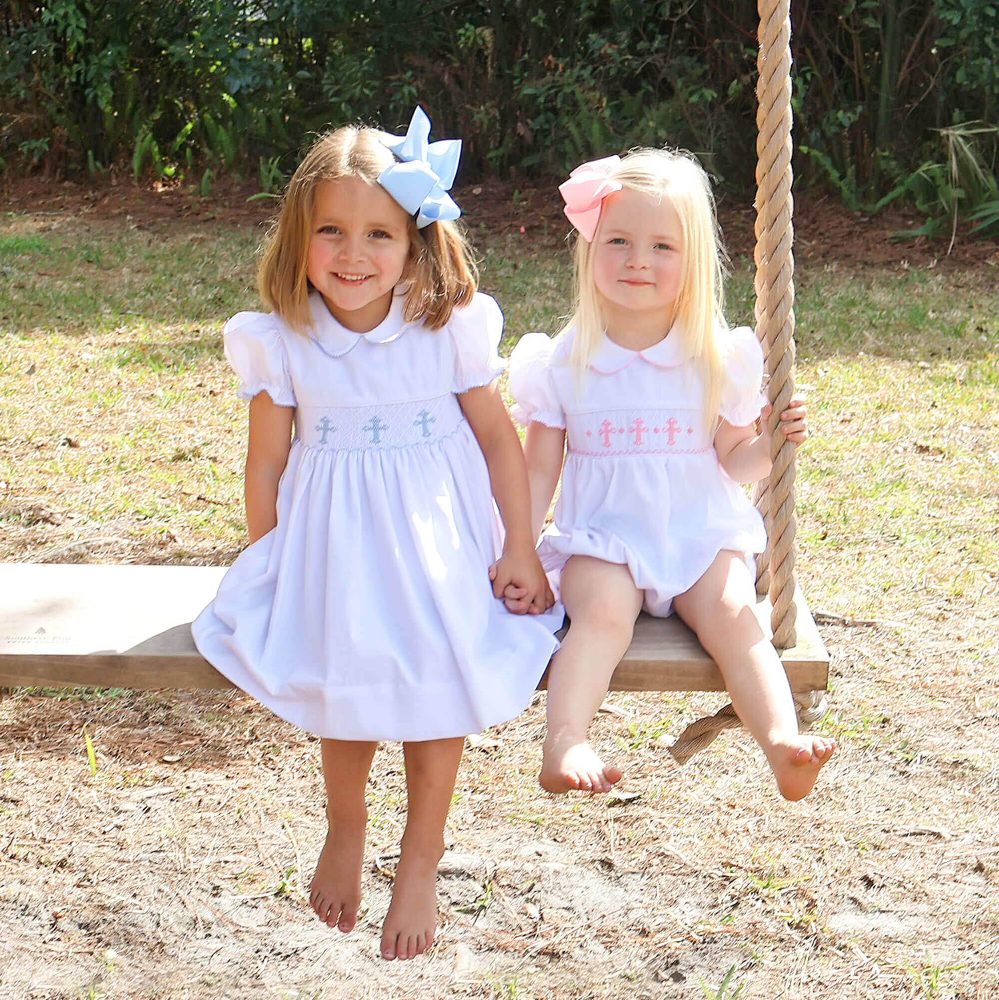 Pink Cross Smocked White Pique Collared Bubble - Image 5