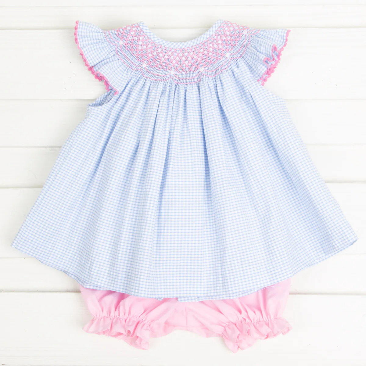 Pink Geometric Smocked Bloomer Set Light Blue Gingham Seersucker