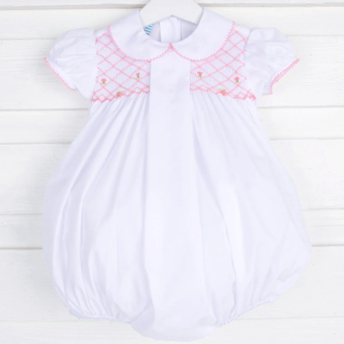 Pink Rosette Smocked White Bubble