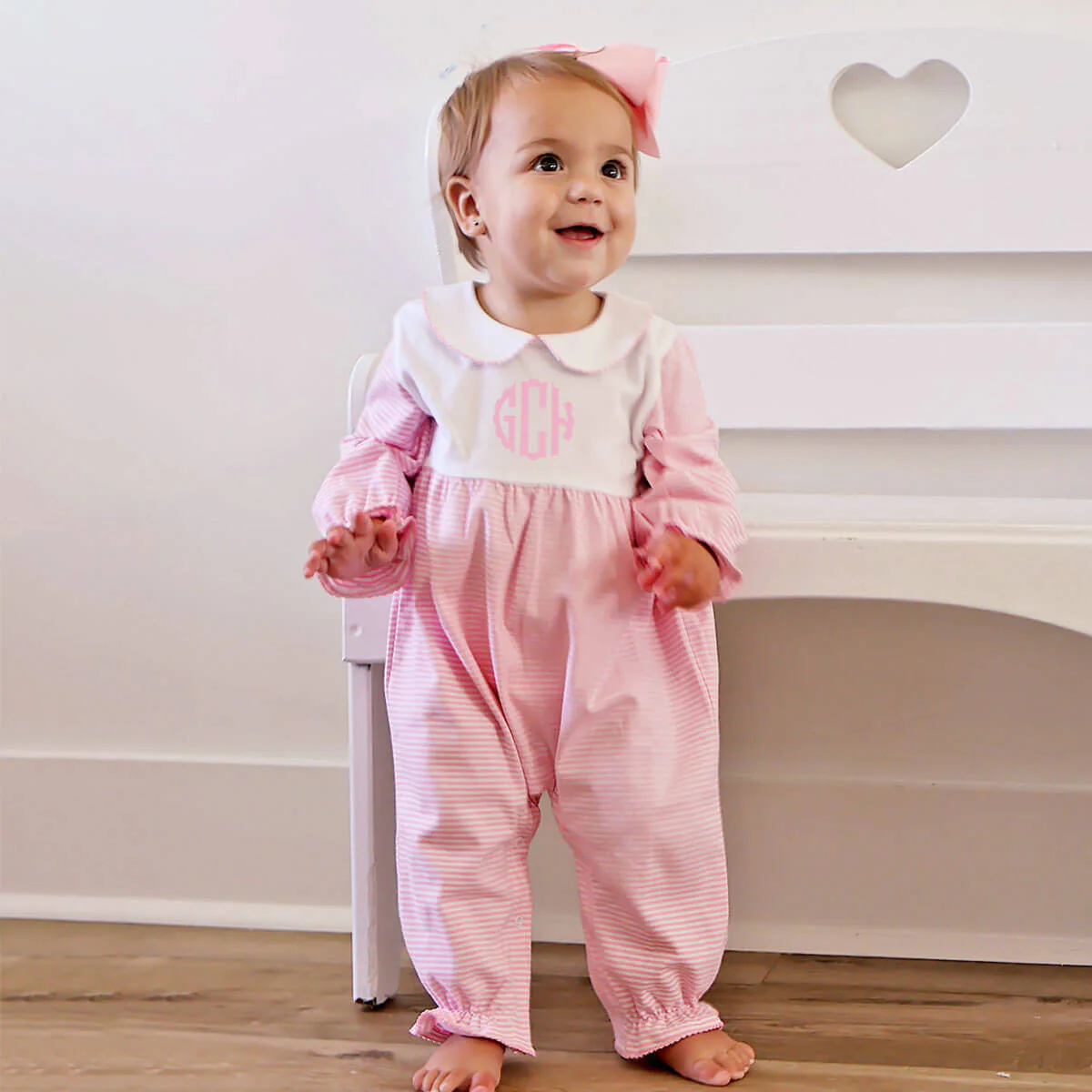 Pink & White Stripe Ruffle Romper