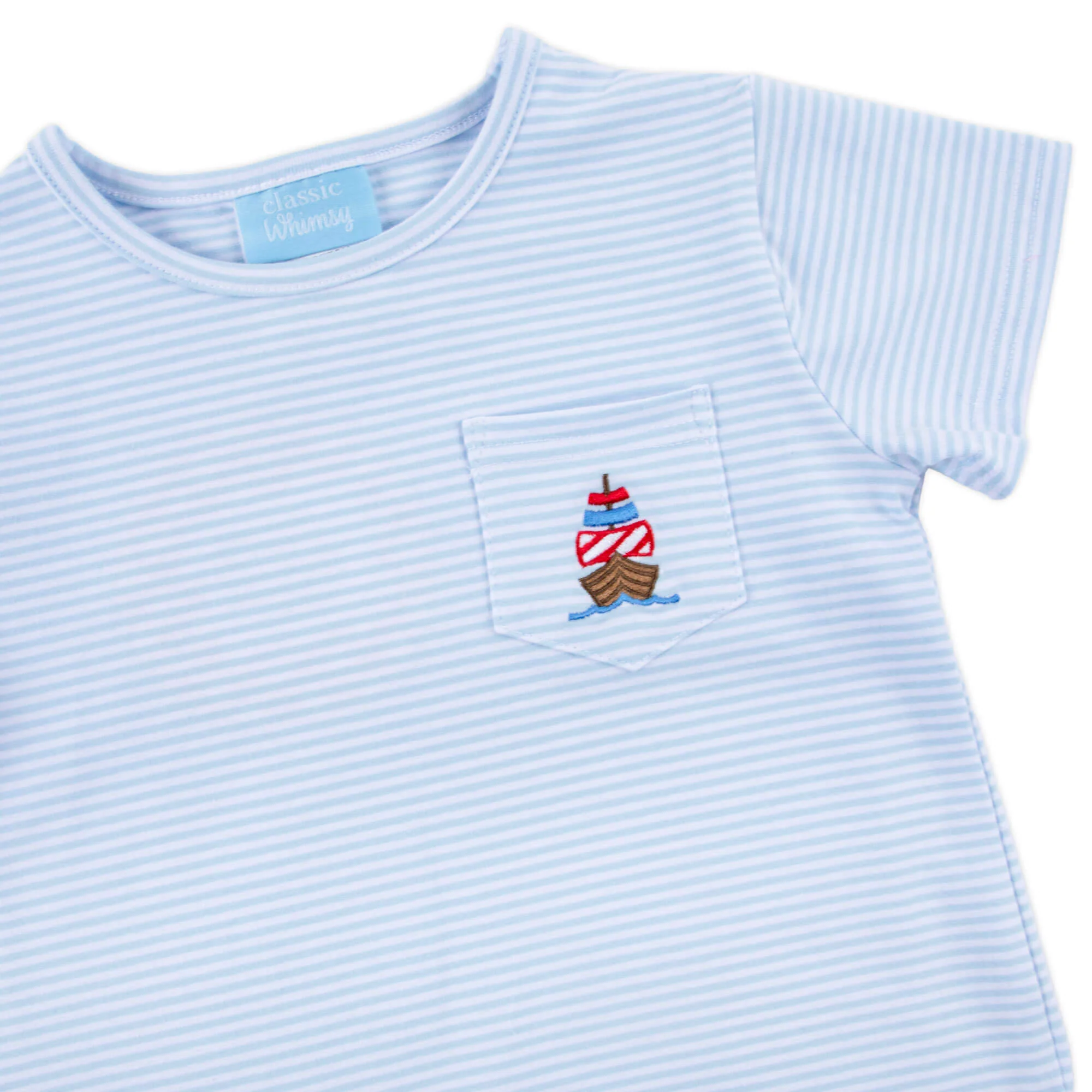 Pirate Ship Light Blue Stripe Short Sleeve Pocket Shirt - Image 2