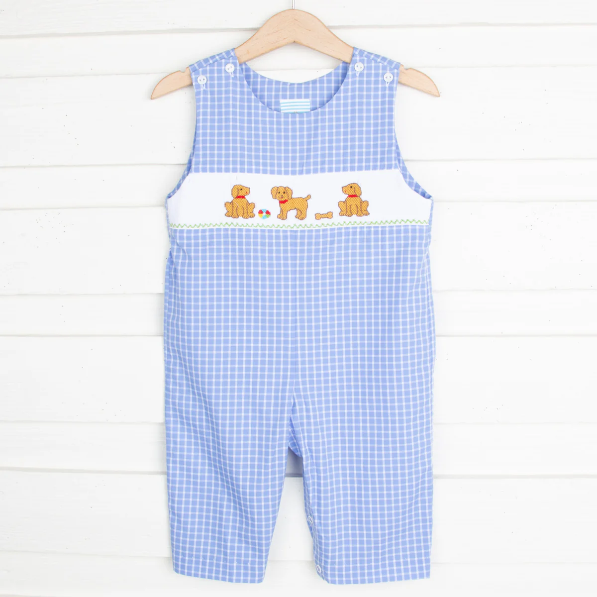 Playful Puppies Smocked Longall Light Blue Windowpane