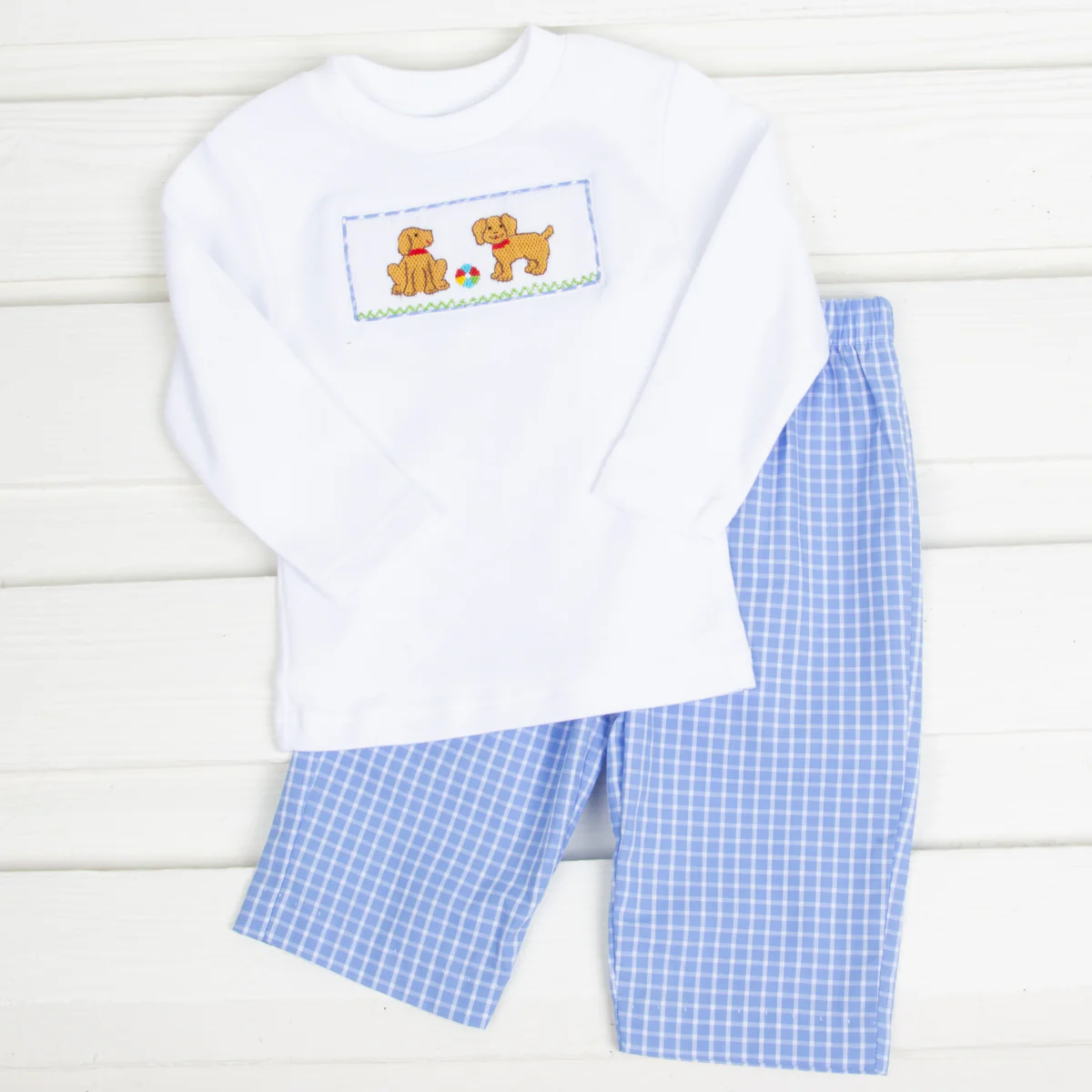 Playful Puppies Smocked Windowpane Pant Set