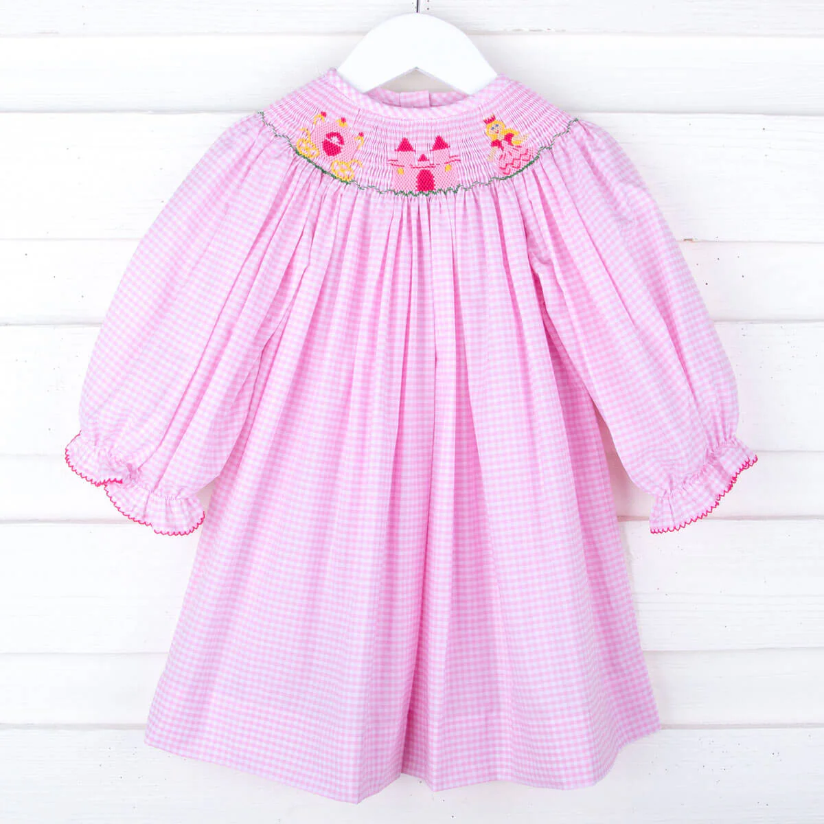 Princess Smocked Pink Gingham Long Sleeve Bishop Dress