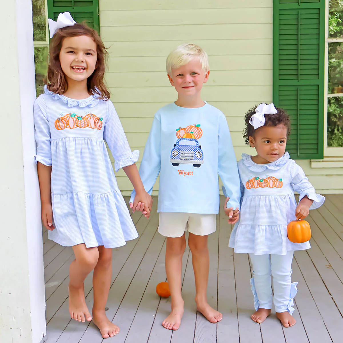 Pumpkin Cluster Light Blue Stripe Callie Dress - Image 3