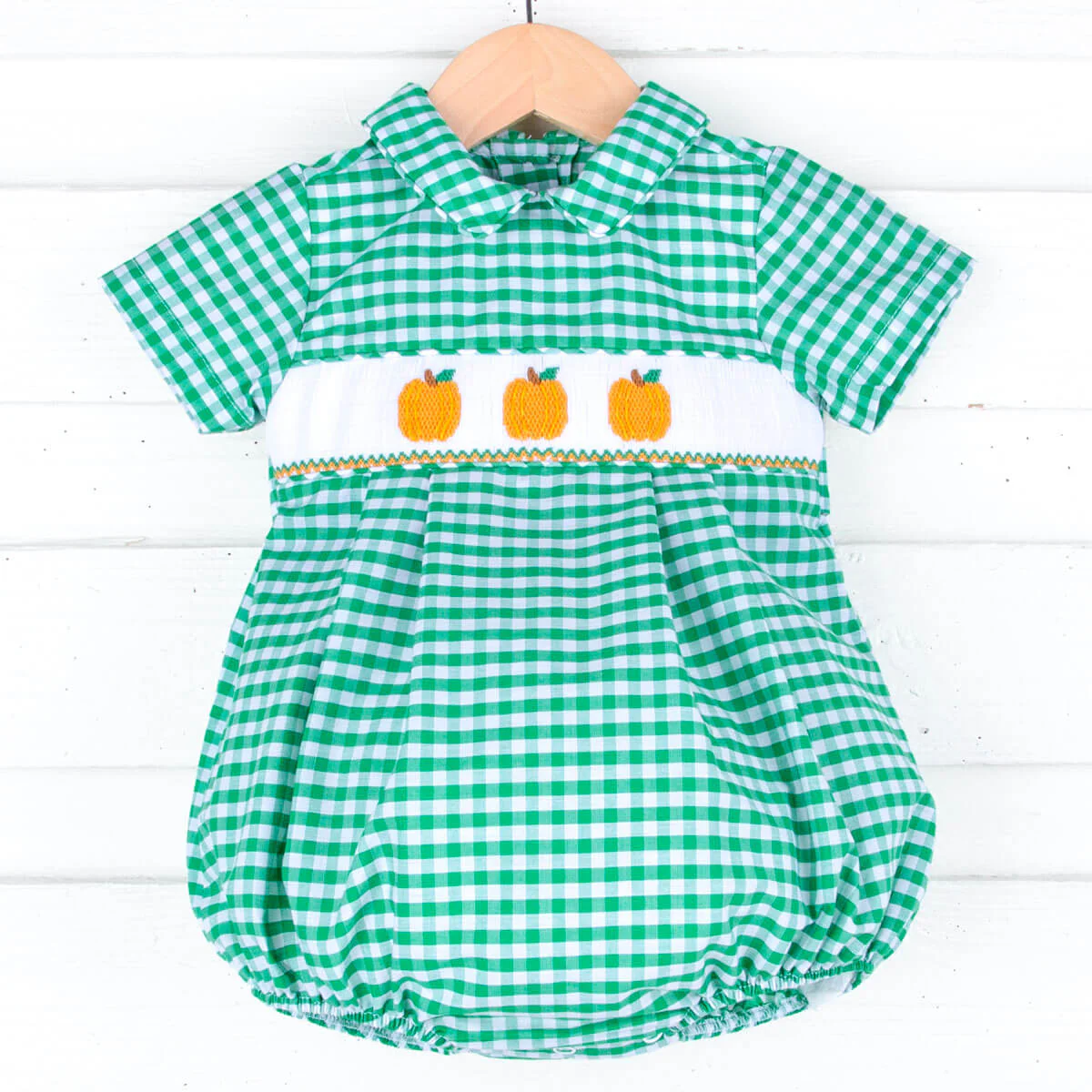 Green Check Pumpkin Smocked Collared Bubble - Image 3