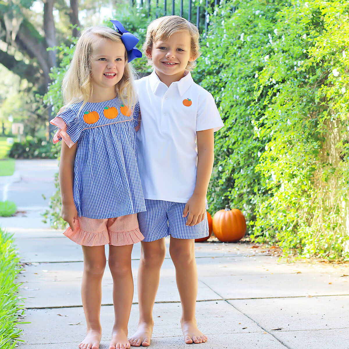 Pumpkin Picking Royal Blue Gingham Polo Short Set - Image 5