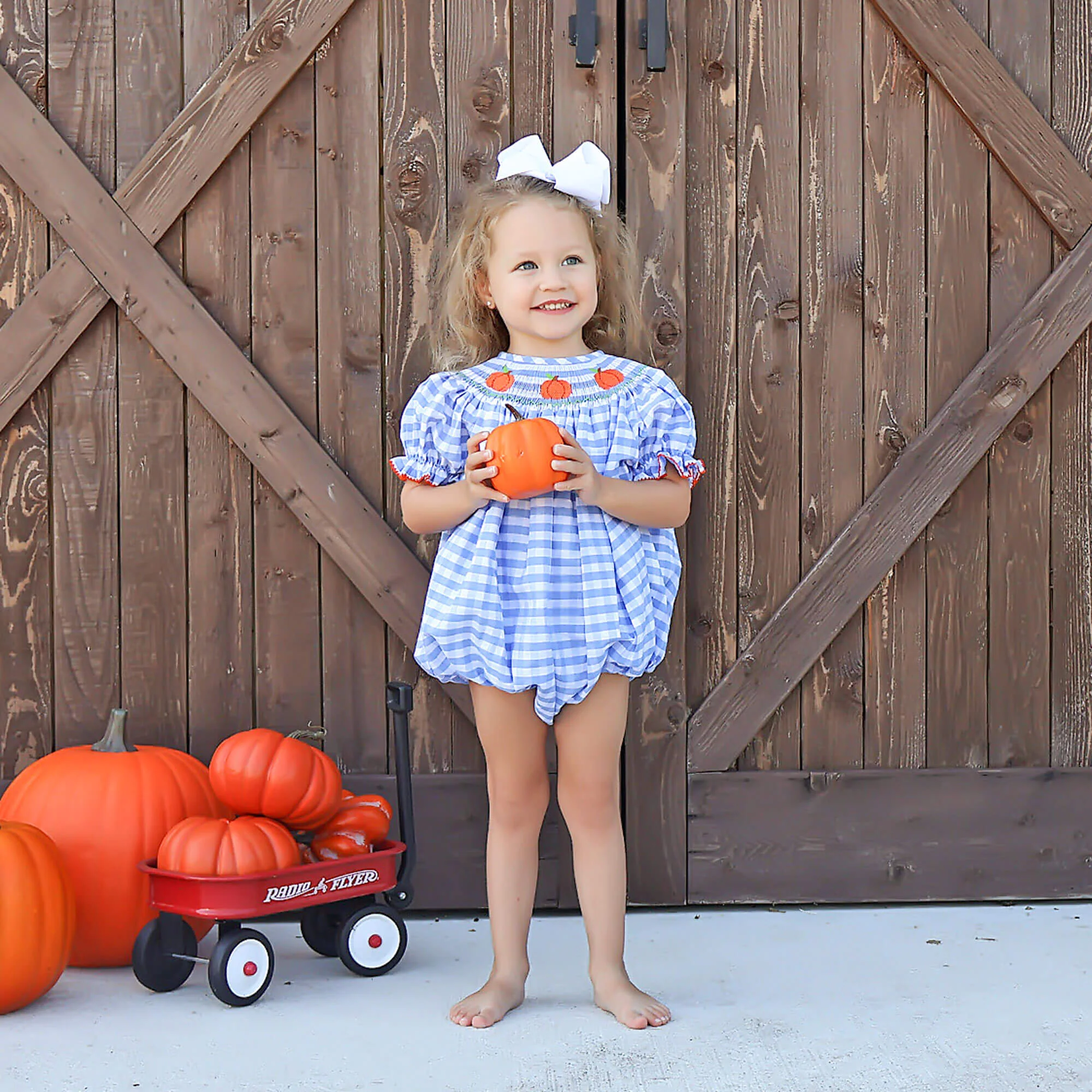 Pumpkin Smocked Light Blue Check Bubble