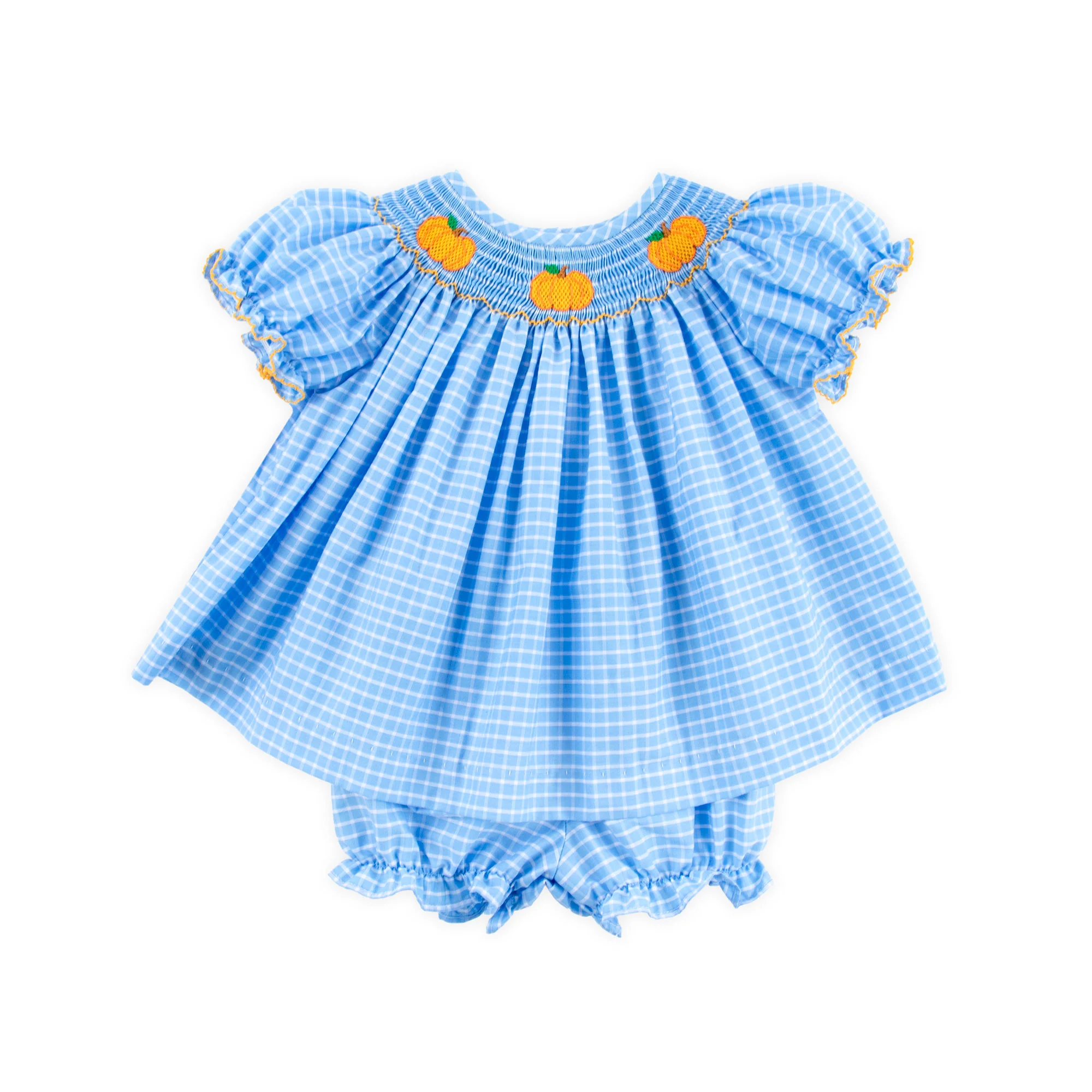 Pumpkin Trio Smocked French Blue Windowpane Bishop Bloomer Set - Image 2