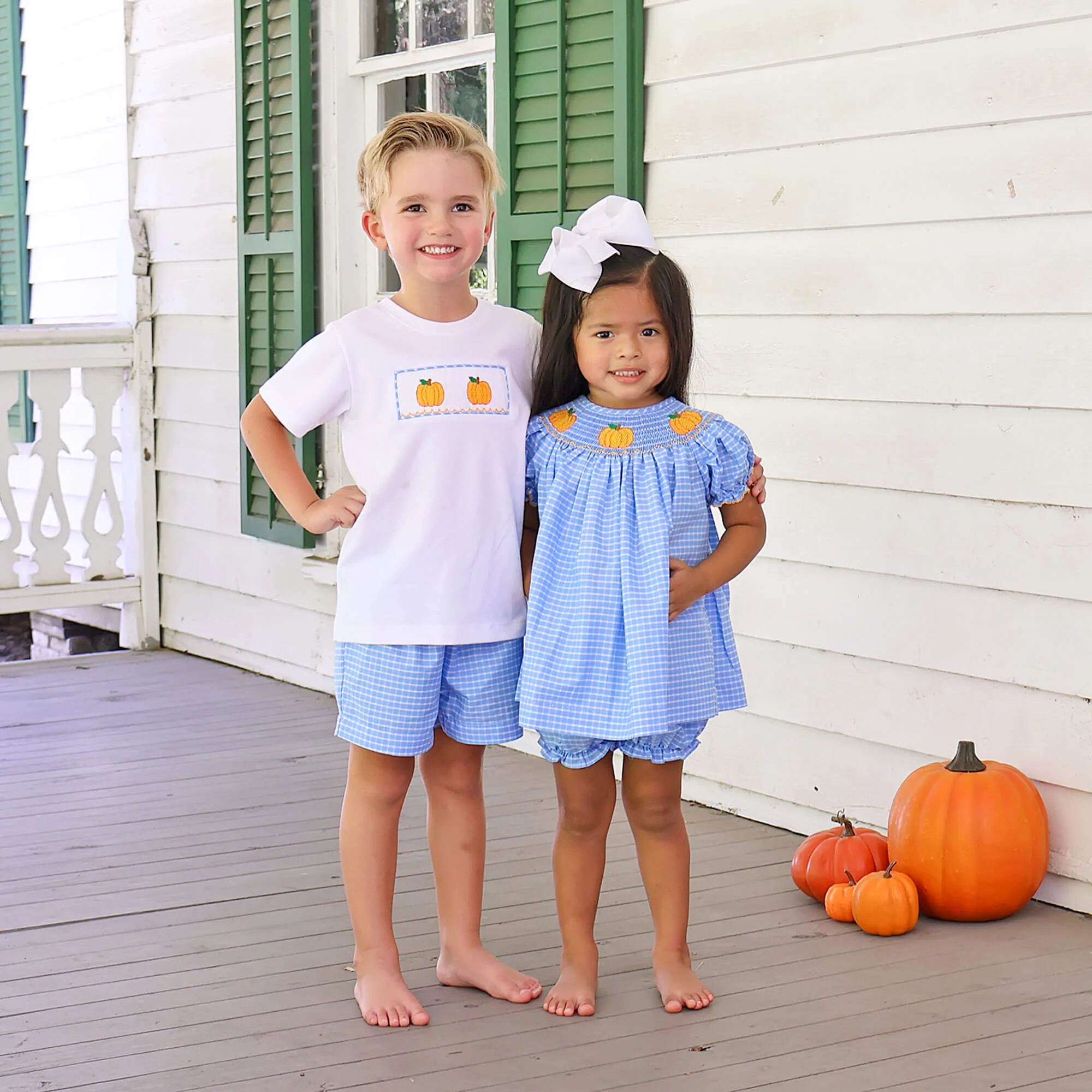 Pumpkin Trio Smocked French Blue Windowpane Bishop Bloomer Set - Image 3
