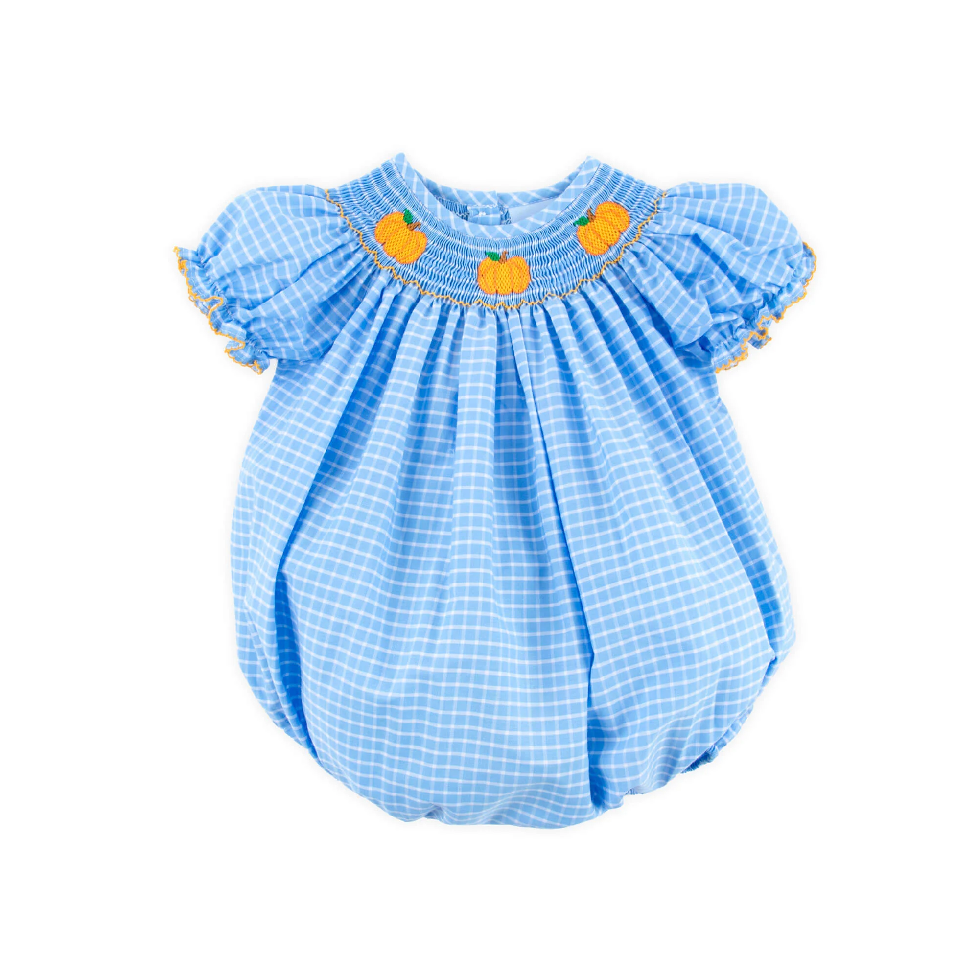 Pumpkin Trio Smocked French Blue Windowpane Bishop Bubble - Image 2