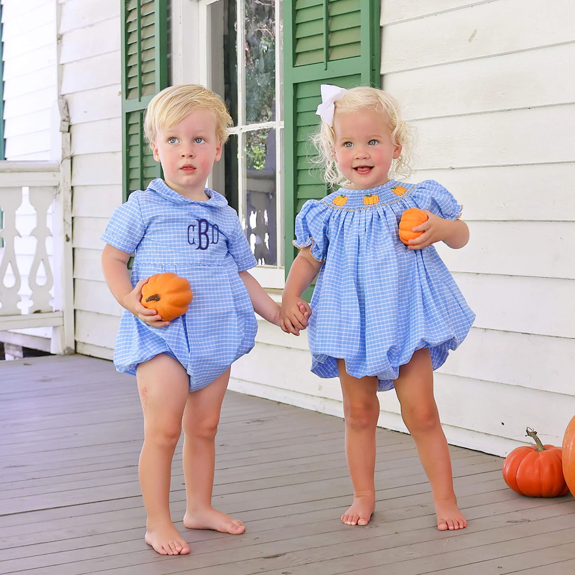 Pumpkin Trio Smocked French Blue Windowpane Bishop Bubble - Image 3