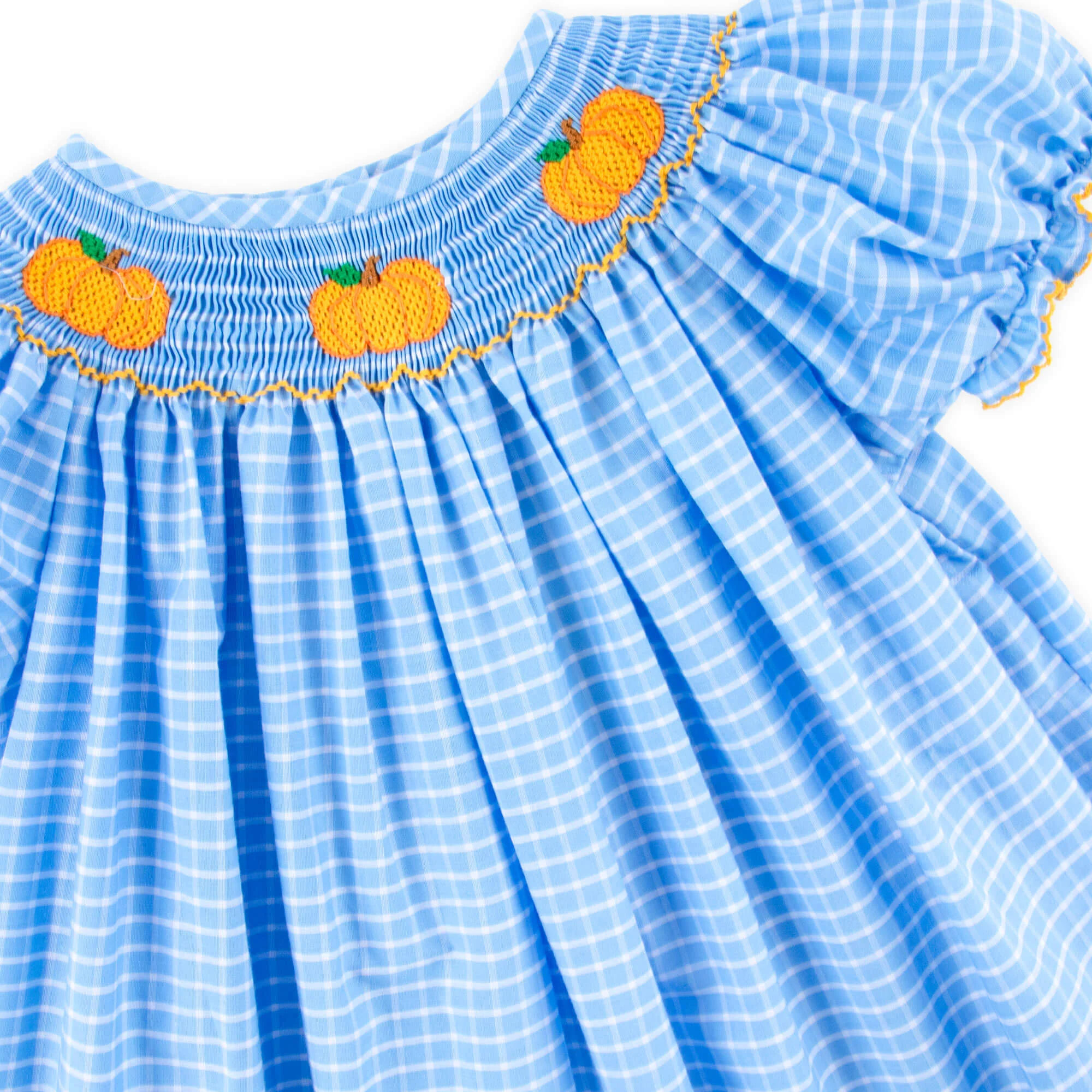 Pumpkin Trio Smocked French Blue Windowpane Bishop Bubble - Image 4