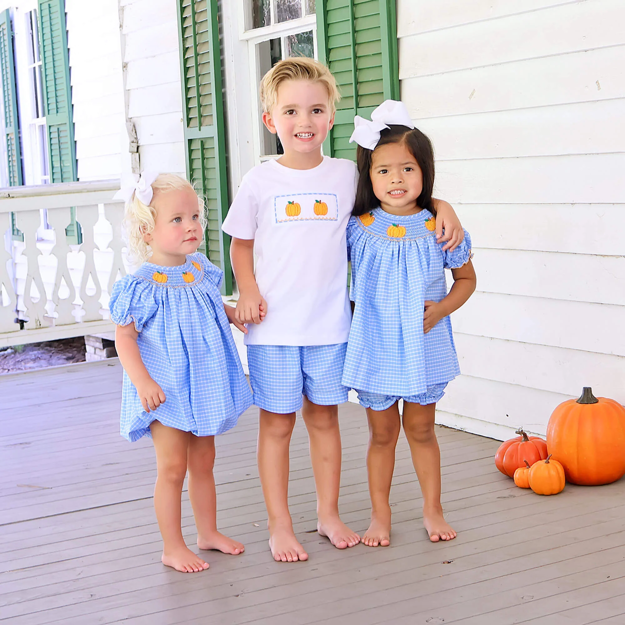 Pumpkin Trio Smocked French Blue Windowpane Bishop Bubble - Image 5