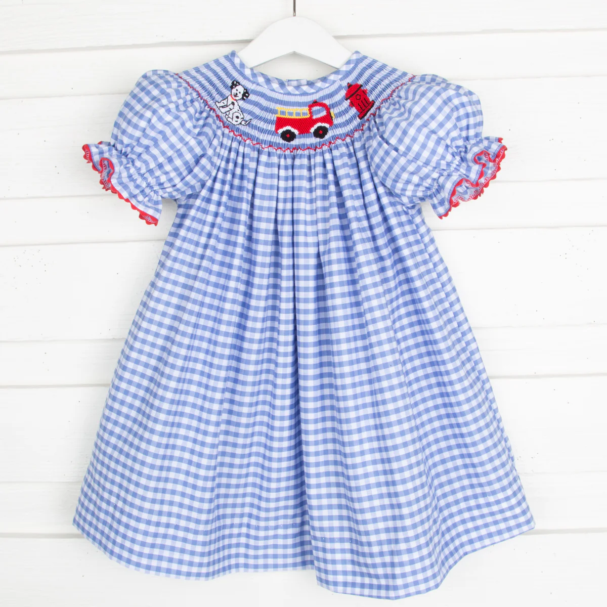 Puppy & Firetruck Smocked Bishop Light Blue Check