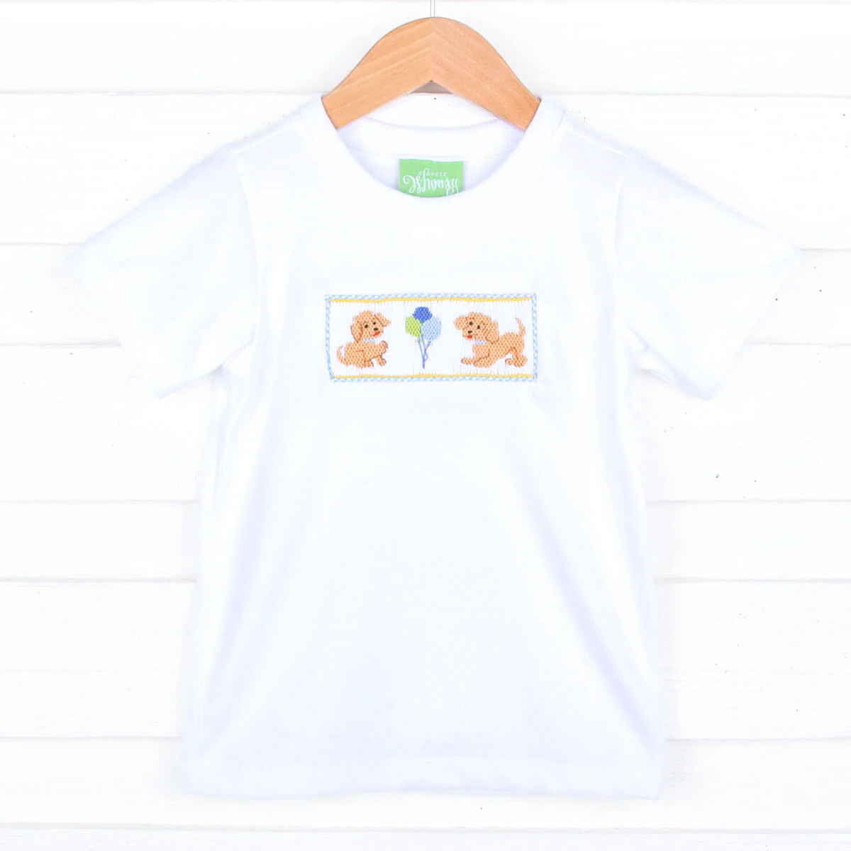 Puppy Party Smocked White Short Sleeve Shirt