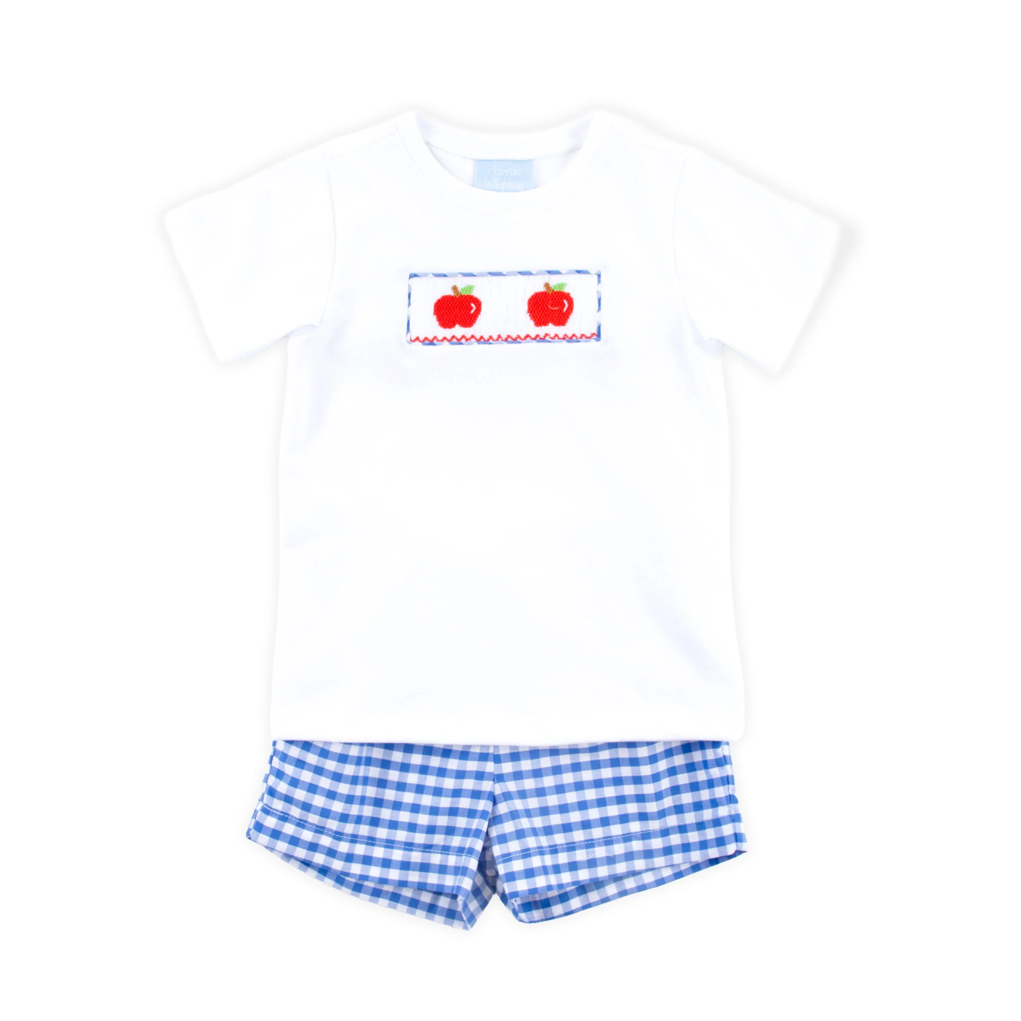 Red Apple Smocked Blue Gingham Short Set - Image 2