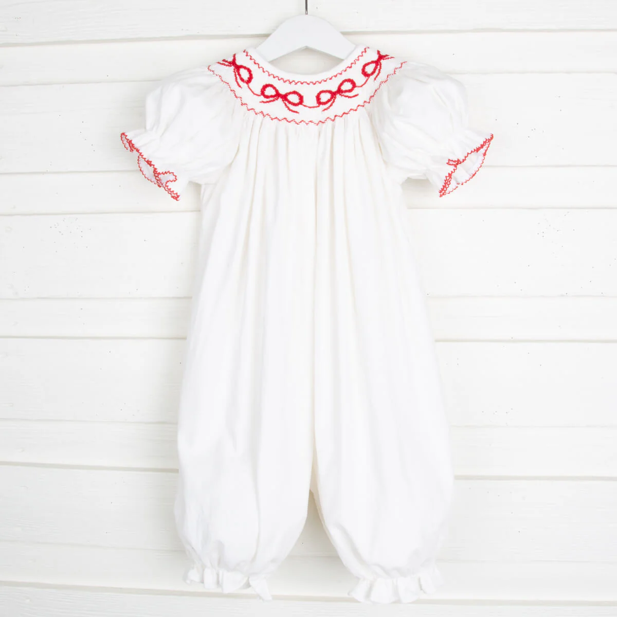 Red Bow Smocked Long Bubble White Corduroy